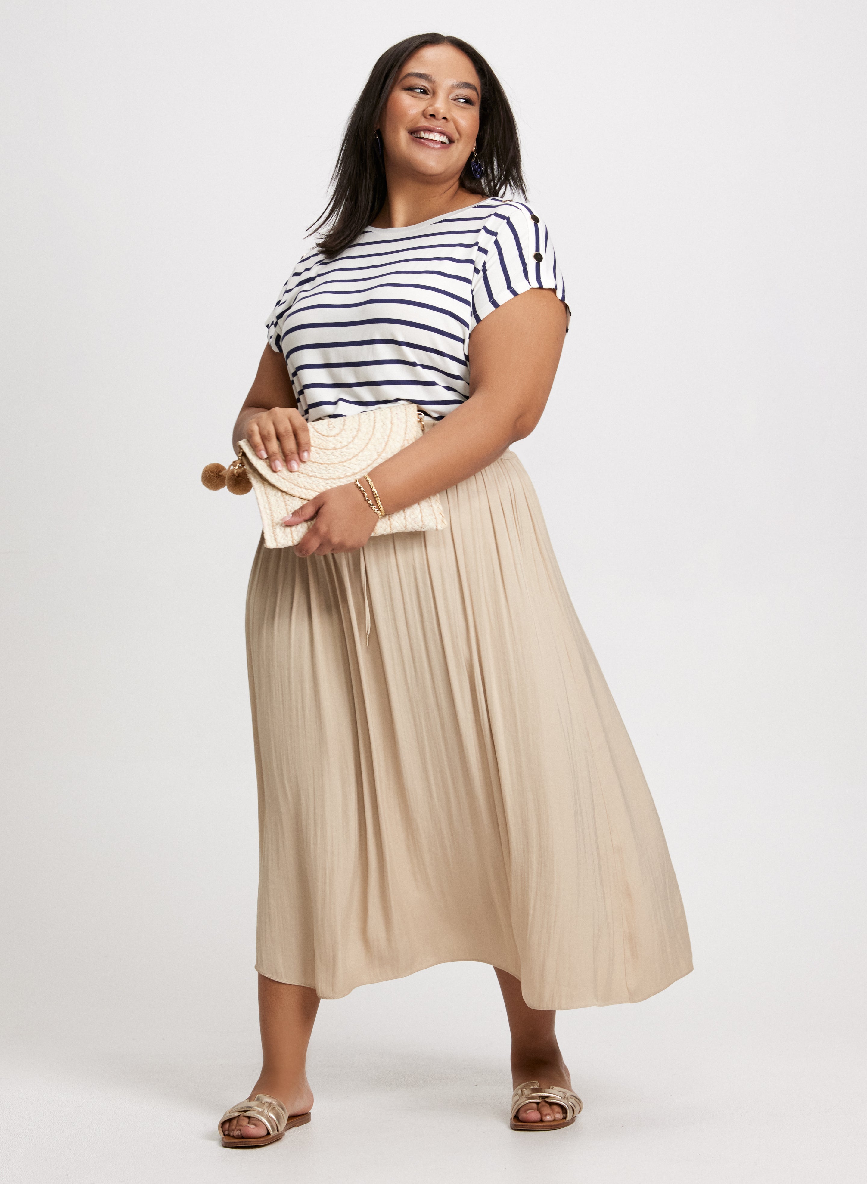 Buttoned Shoulder Striped T-Shirt & Smocked Waist Satin Maxi Skirt Set - Women's Casual Outfit for Summer Beach, Date Night and Vacation