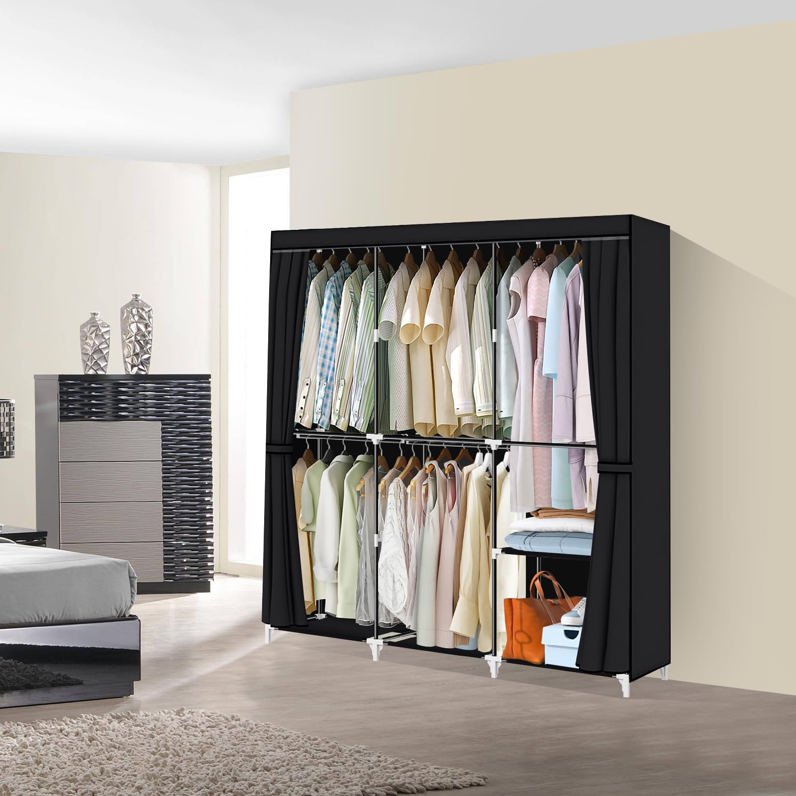 Portable Closet 50 Inch Wardrobe Organizer with 5 Hanging Rods & Black Non-Woven Fabric Cover - Easy Assembly for Bedroom, Closet, Dorm, or Travel Storage
