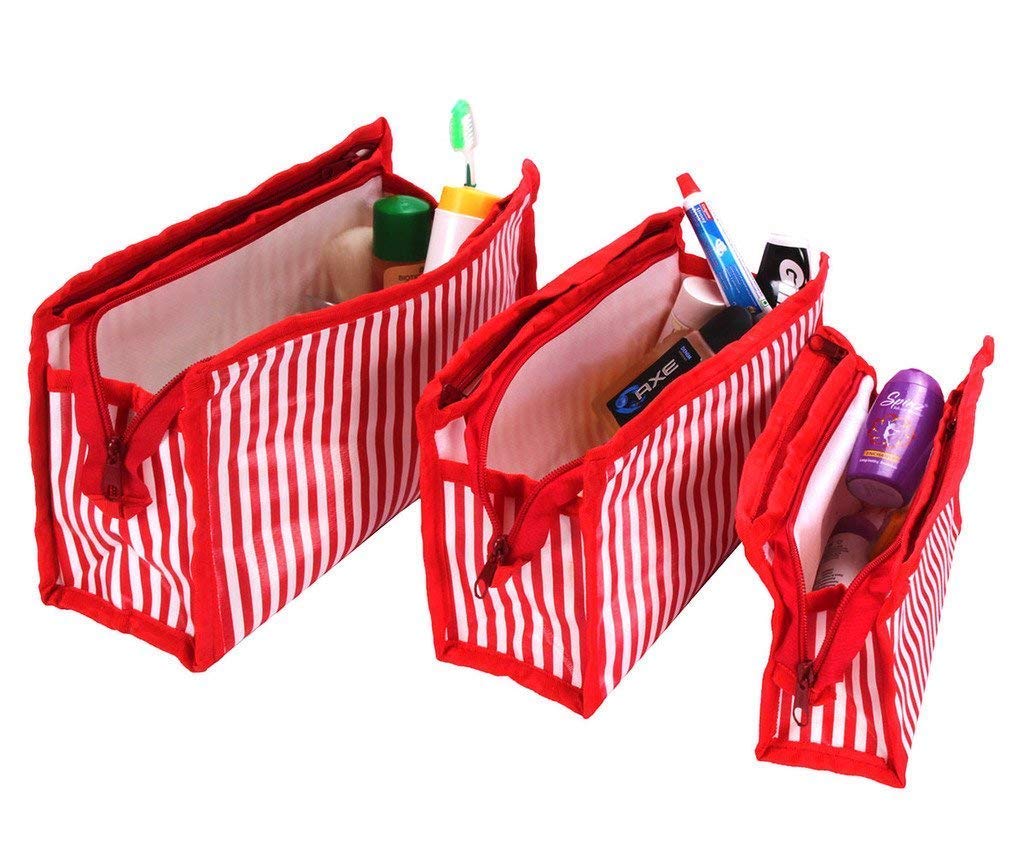 PRISMAXIC 3-Piece Synthetic Travel Cosmetic Pouch Set - Makeup Organizer, Jewelry & Toiletry Bag for Men & Women (Red) - Perfect for Air Travel, Gym & Daily Essentials Storage