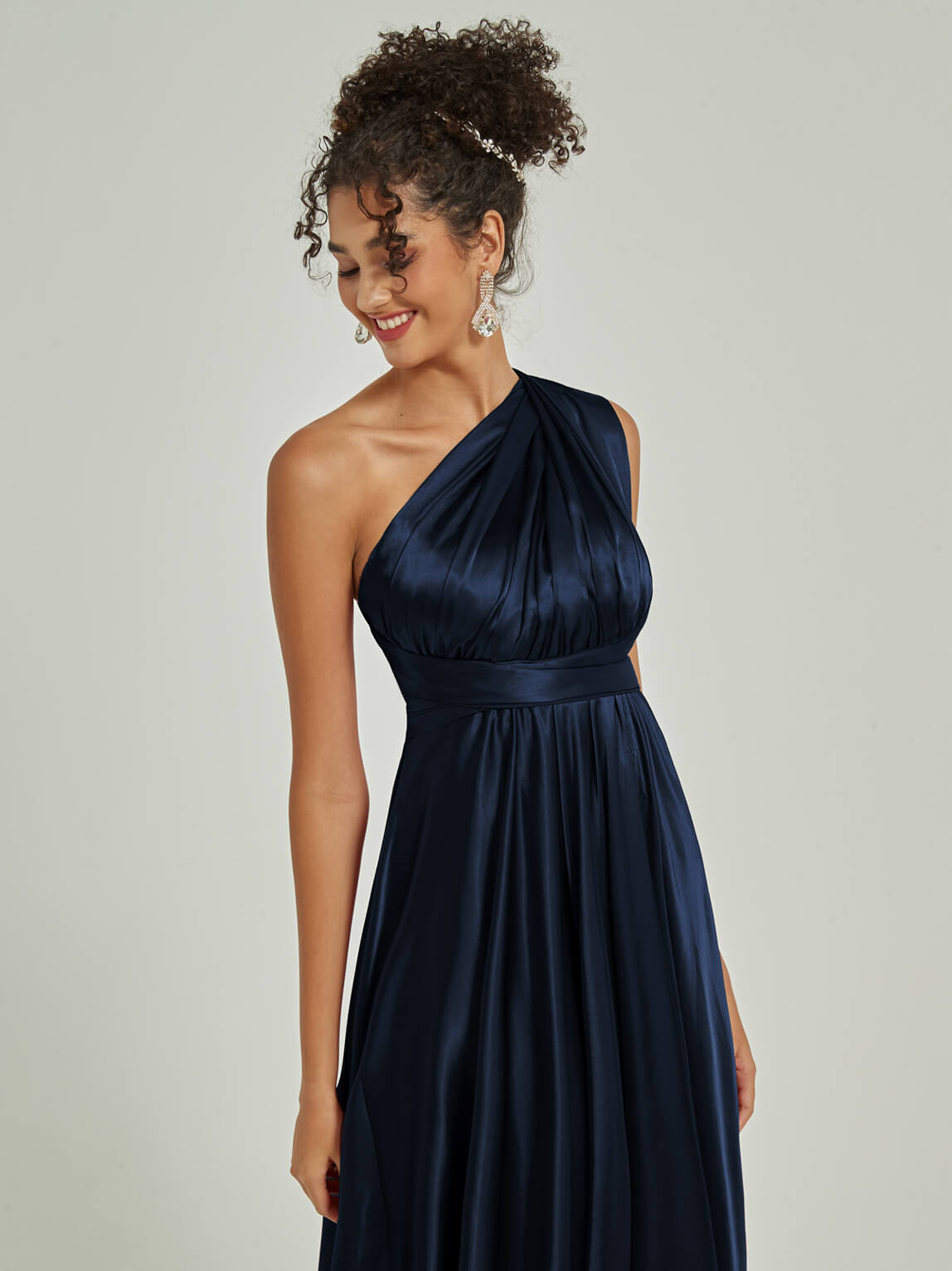 Elegant Dark Navy Satin Convertible Bridesmaid Dress - Multi-Way Wrap A-Line Gown for Weddings, Parties & Formal Events