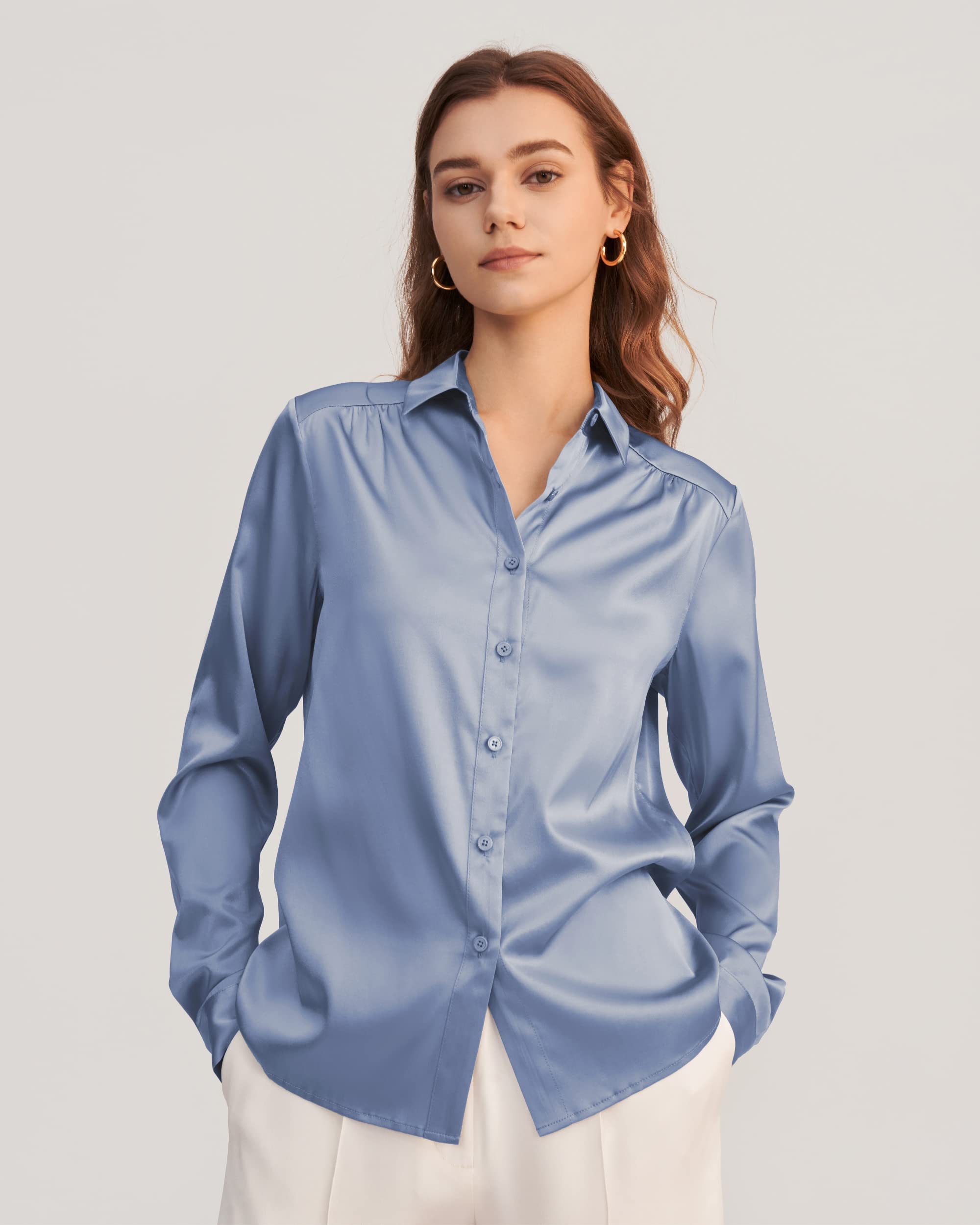LilySilk Women's 19MM Natural Silk Charmeuse Long Sleeve Collared Blouse - Elegant Office Wear & Business Casual Tops for Professional Women