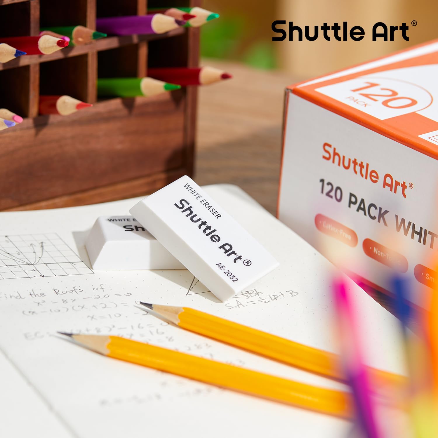 Shuttle Art White Erasers - 120 Pack Bulk Pencil Erasers, Smudge-Free & Residue-Free for School, Office & Art - Perfect for Students, Teachers & Professionals - Great for Homework, Sketching & Note-Taking