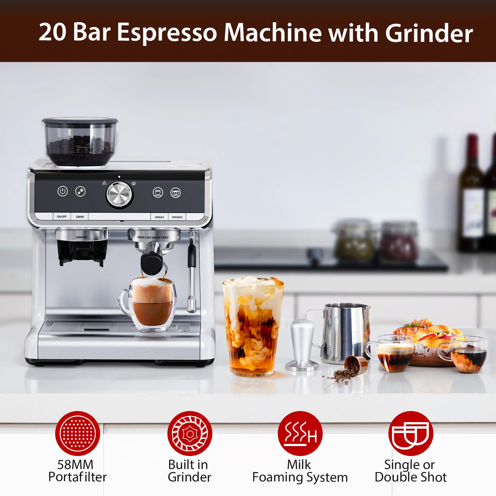 20 Bar Professional Espresso Machine with Built-in Grinder & Milk Frother - Semi-Automatic Coffee Maker for Latte, Cappuccino, Macchiato - Perfect for Home Baristas & Coffee Shops with 2.8L Removable Water Tank