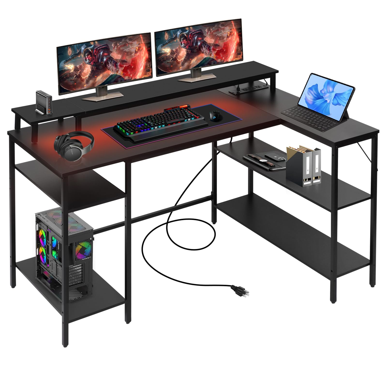 L-Shaped Computer Desk with LED Lights & Power Outlet - Reversible Corner Office Desk with Monitor Stand & Shelves - Gaming & Home Office Desk for Bedroom, Study Room & Small Spaces (Black)