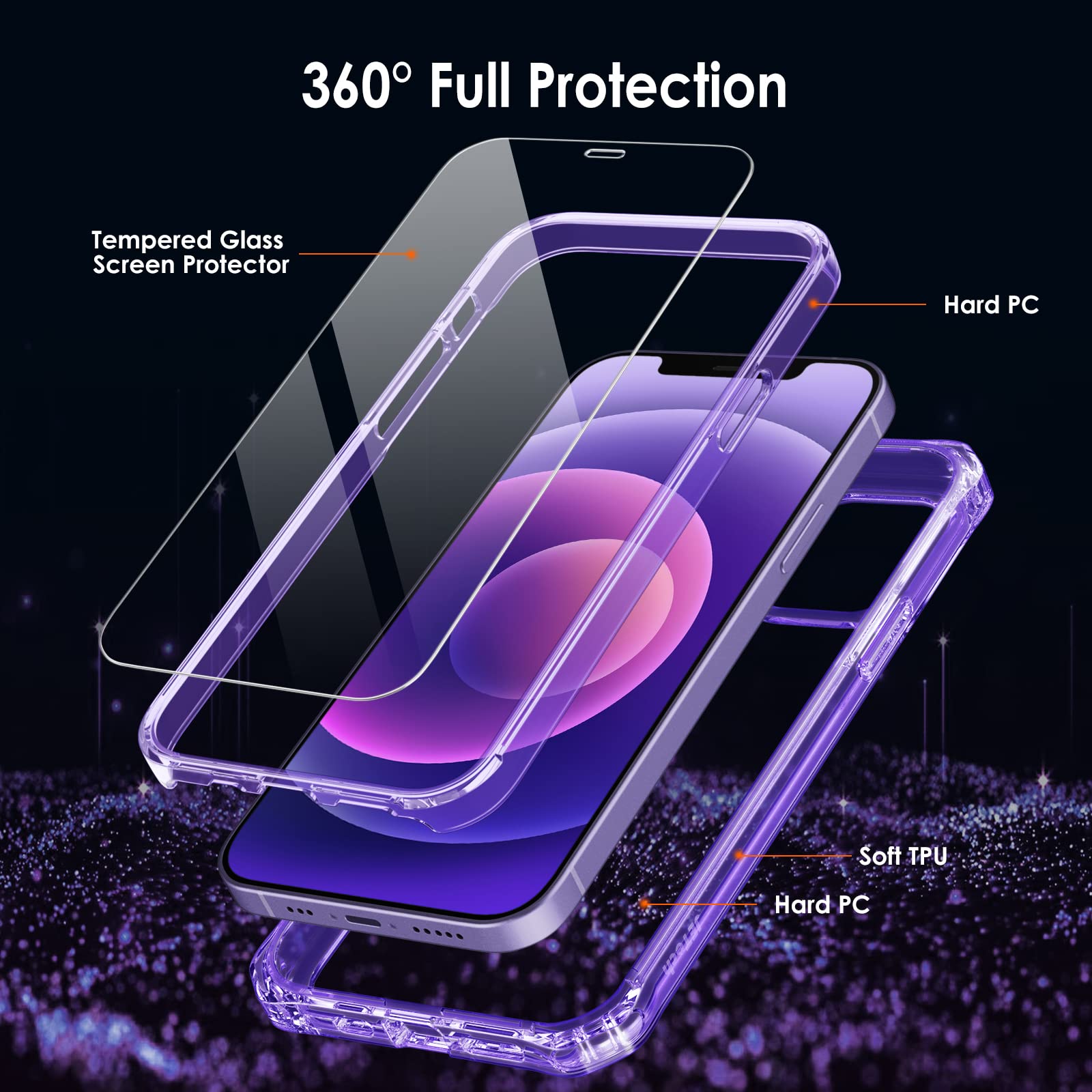 JETech Shockproof Case for iPhone 12/12 Pro 6.1-Inch with 2-Pack Tempered Glass Screen Protector - 360 Full Body Protection, Clear Back Bumper Phone Cover (Purple) | Perfect for Outdoor Activities, Work & Daily Use