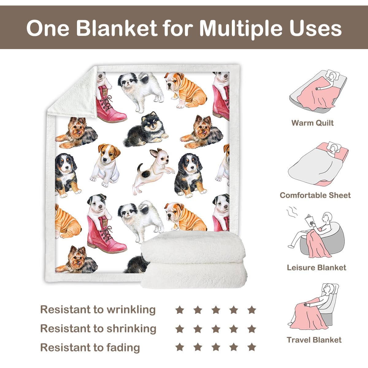Sleepwish Adorable Dogs Sherpa Fleece Blanket - Soft Reversible Pet Throw Blanket for Couch, Sofa & Bed - Lightweight Warm Cozy Fluffy Blanket (60