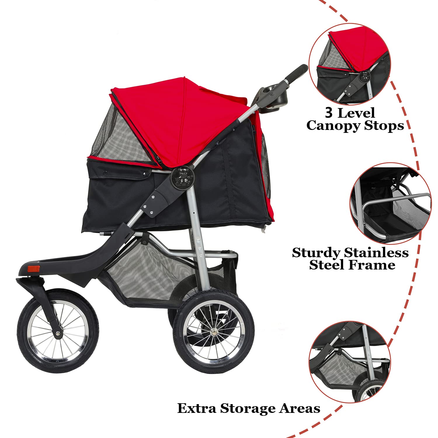 VIAGDO Heavy Duty 3-Wheel Pet Stroller for Small & Medium Dogs & Cats - Foldable Design with Suspension System, Link Brake & One-Hand Fold - Supports Up to 55 lbs (Black/Red) - Perfect for Vet Visits, Shopping & Outdoor Adventures