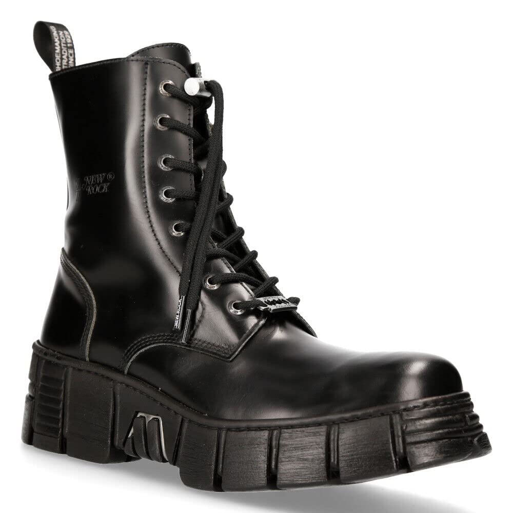 New Rock M-WALL026N-C5 Gothic Ankle Boots for Women - Black Leather Biker Boots with Chunky Heel | Perfect for Motorcycle Riding, Concerts & Alternative Fashion