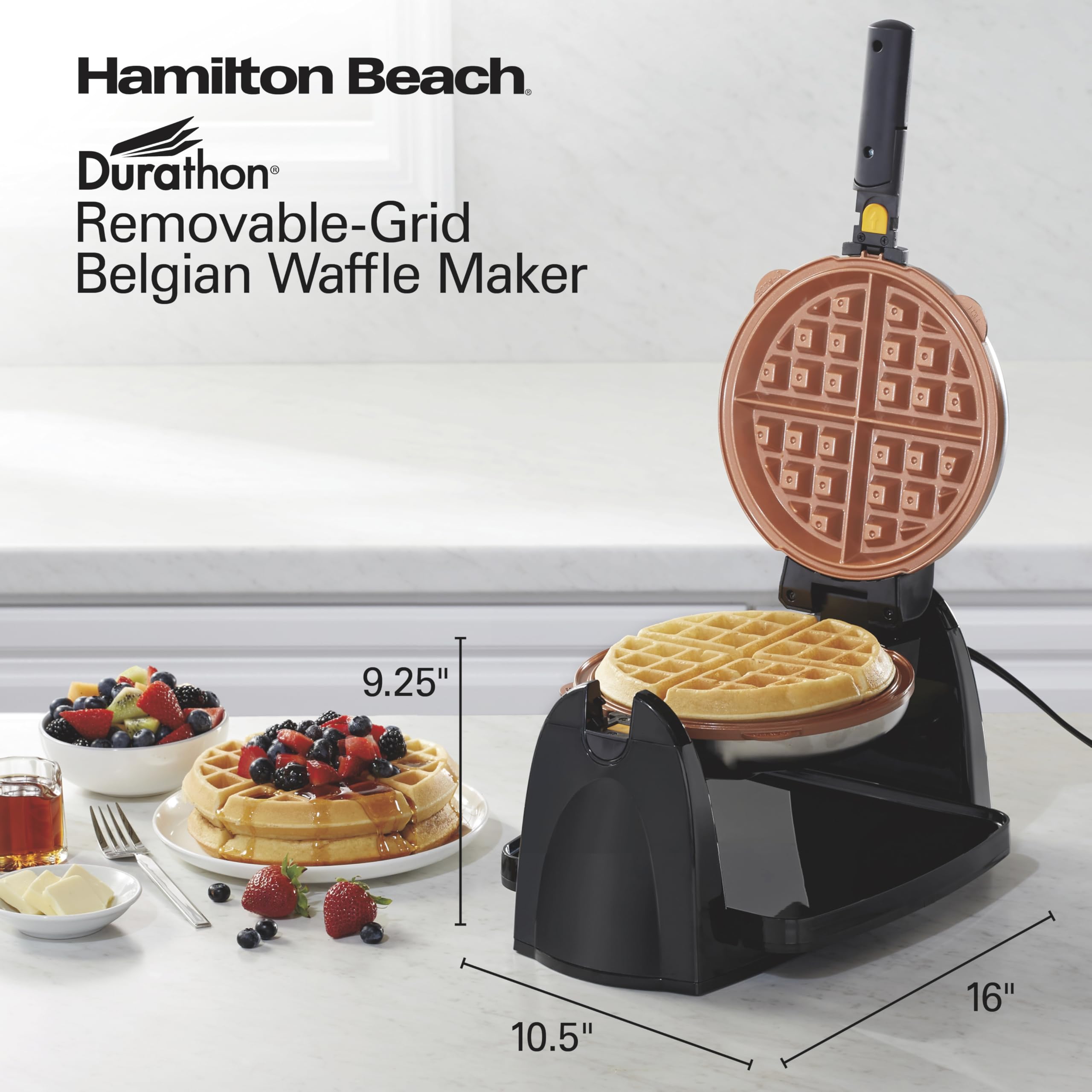 Hamilton Beach 26031 Belgian Waffle Maker - Removable Nonstick Plates, Single Flip, Ceramic Grids, Black - Perfect for Breakfast, Brunch & Family Gatherings