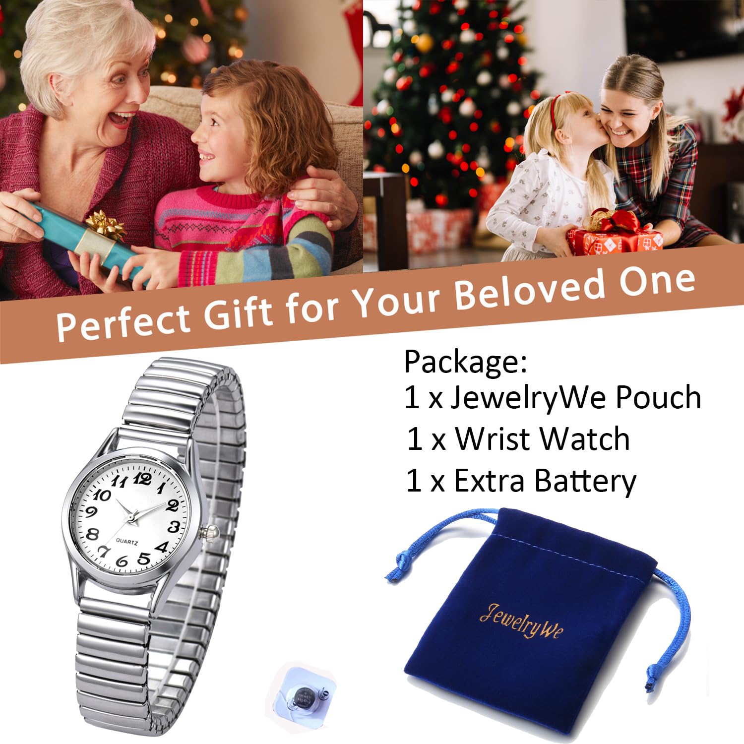 JewelryWe Women's Ultra Thin Easy Reader Watch - Gold & Silver Elastic Stretch Band Watches - Perfect for Work, Casual & Everyday Wear
