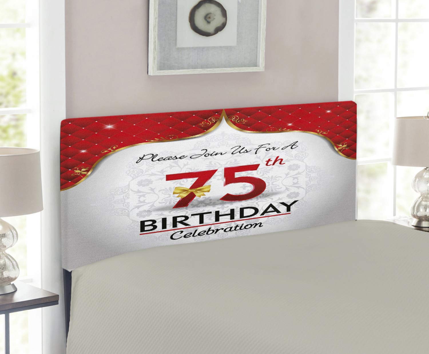 Ambesonne 75th Birthday Floral Upholstered Headboard - Twin Size Decorative Metal Bed Frame with Memory Foam | Perfect for Royal Birthday Parties, Anniversary Celebrations & Bedroom Decor (Multicolor)