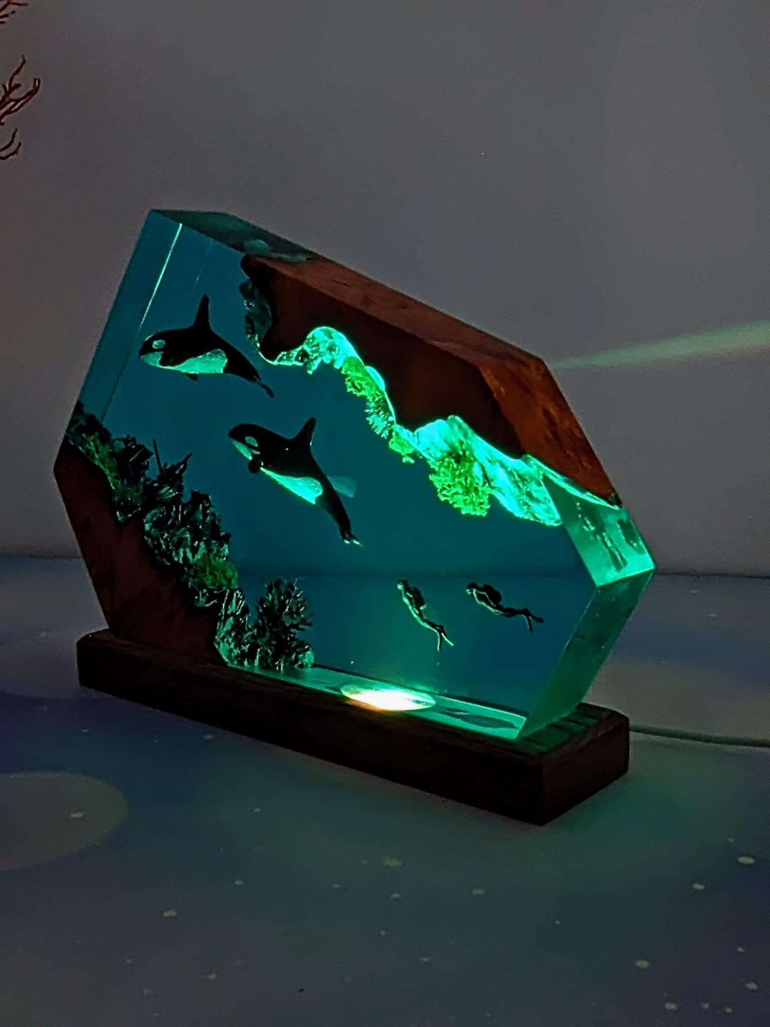 **Orca and Diver Resin Wood Lamp - 4x6 Inch Ocean Theme Night Light, Desk Lamp for Home & Office Decor | Marine Art Diorama, Underwater Decor, Gift for Ocean Lovers**
