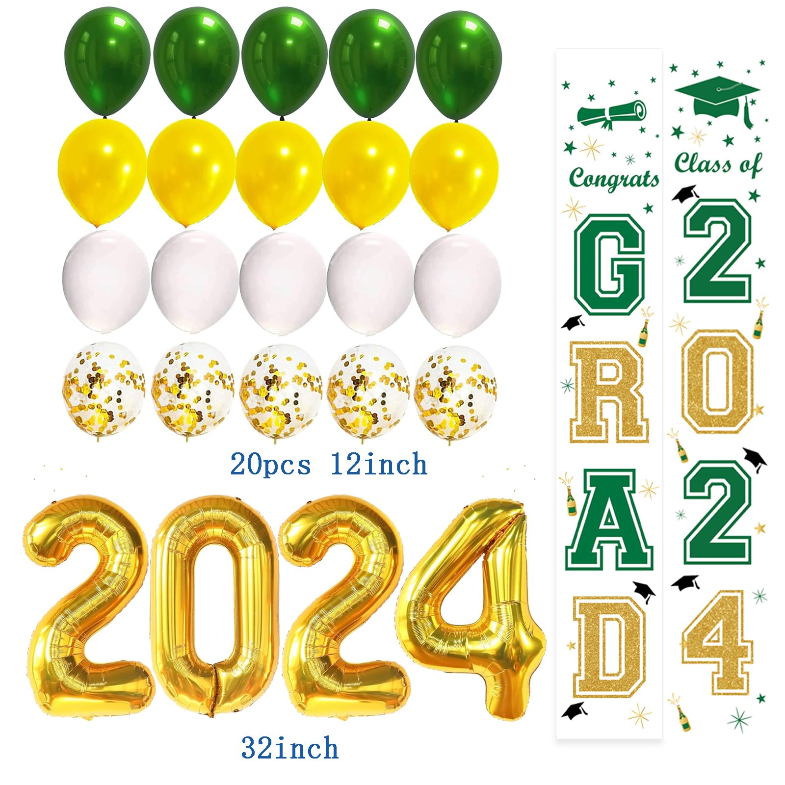 2024 Graduation Party Decorations - Green & Gold Balloons, Banners, Yard Signs for Class of 2024 | Perfect for Graduation Ceremonies, Backyard Parties & Photo Backdrops