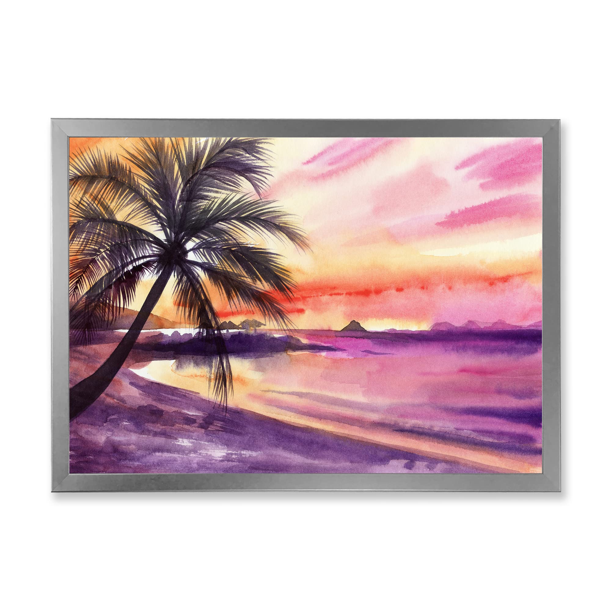 Pink and Purple Palm Beach Sunset Nautical Coastal Framed Wall Art - Beach House Decor, Ocean Themed Living Room Painting, Coastal Bedroom Wall Decor