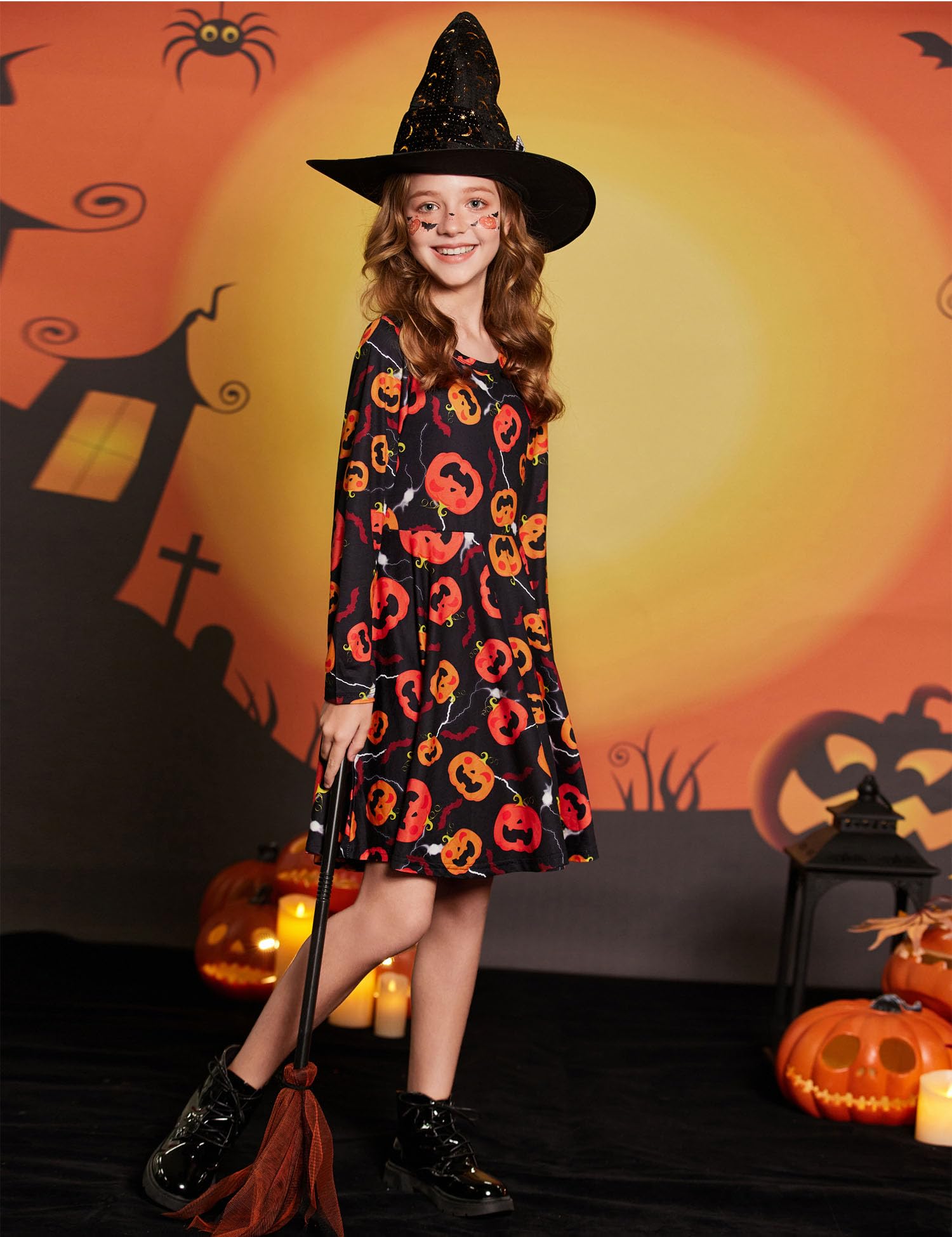 Arshiner Girls Long Sleeve Stretchy A-Line Twirly Skater Dress - Soft Comfortable Stretch Fabric for School, Party & Everyday Wear - Perfect for Dance Classes, Birthday Parties, Christmas Celebrations - Great Gift for Birthdays & Holidays | Ideal for School Performances, Playdates, Tea Parties, Ballet Practice & Seasonal Festivities | Versatile for Casual Outings, Family Gatherings, Photo Shoots & Special Occasions | Perfect for School, Playdates, Parties, Holidays, and Everyday Wear