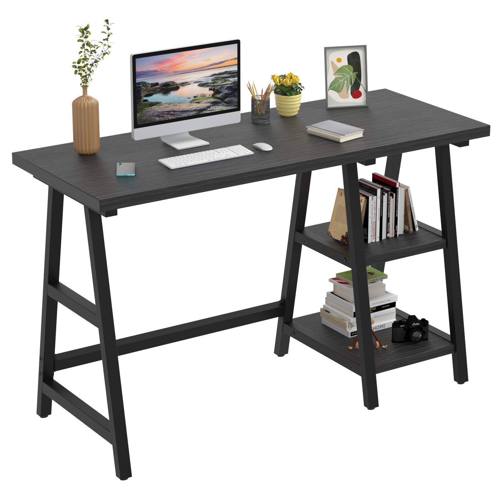 Foxemart 47 Inch Trestle Computer Desk - Modern Sturdy Wooden Study Writing Desk with Storage Shelves for Home Office, Gaming & Work | 2-Tier Multifunctional PC Laptop Table (Black) | Perfect for Small Spaces, Remote Work & Online Classes
