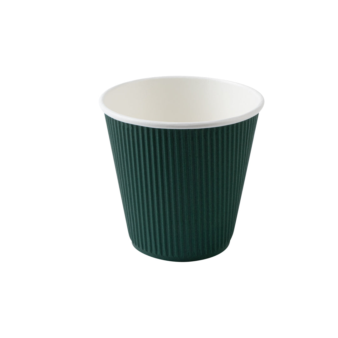 8 oz Eco-Friendly Forest Green Ripple Wall Paper Coffee Cups with Black Lids - 3.5