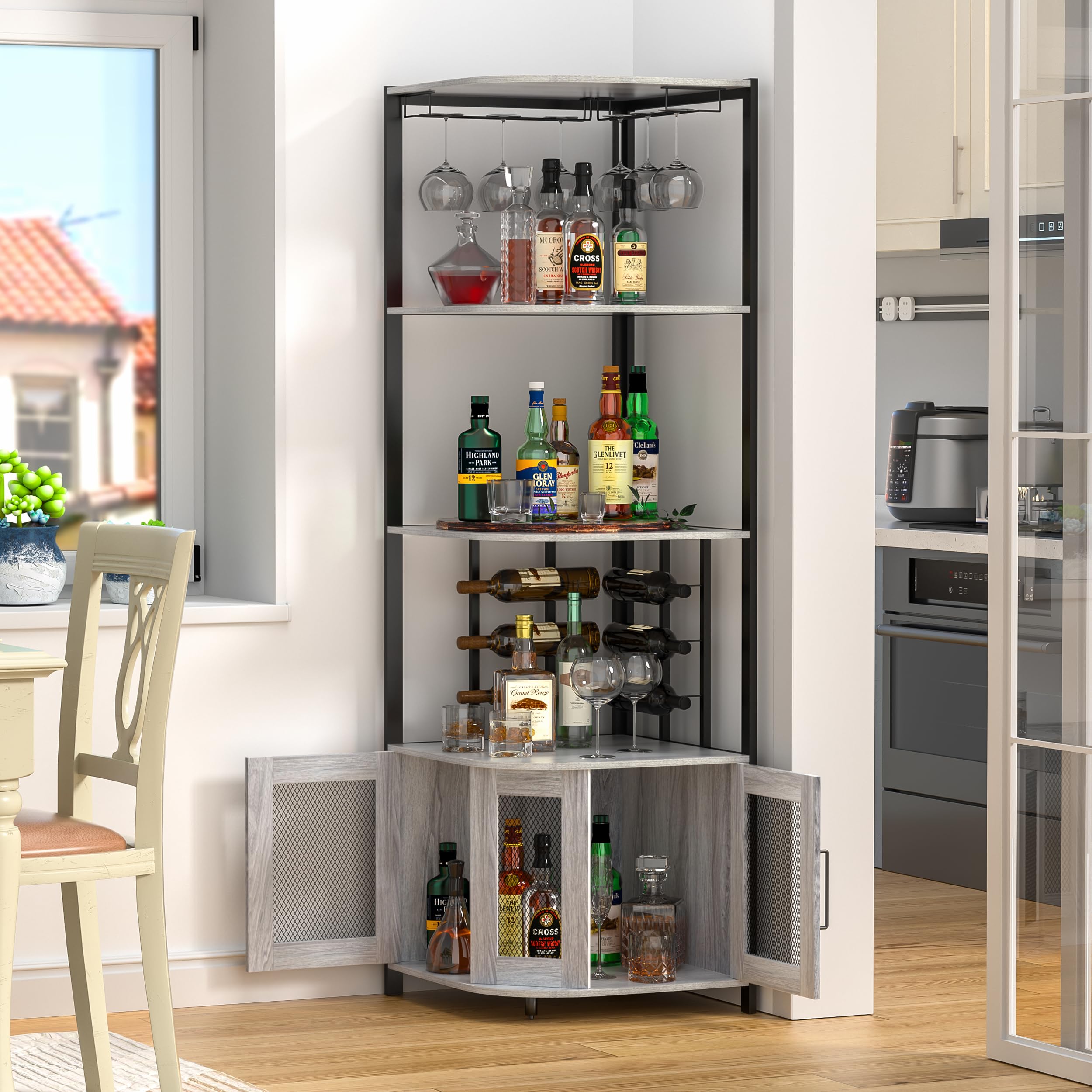 Anmytek 5-Tier Industrial Corner Bar Cabinet - Wood & Metal Wine Liquor Storage with Open Shelves | Space-Saving Home Bar Display for Kitchen, Living Room, Small Apartments | Perfect for Entertaining, Dining Rooms & Compact Spaces