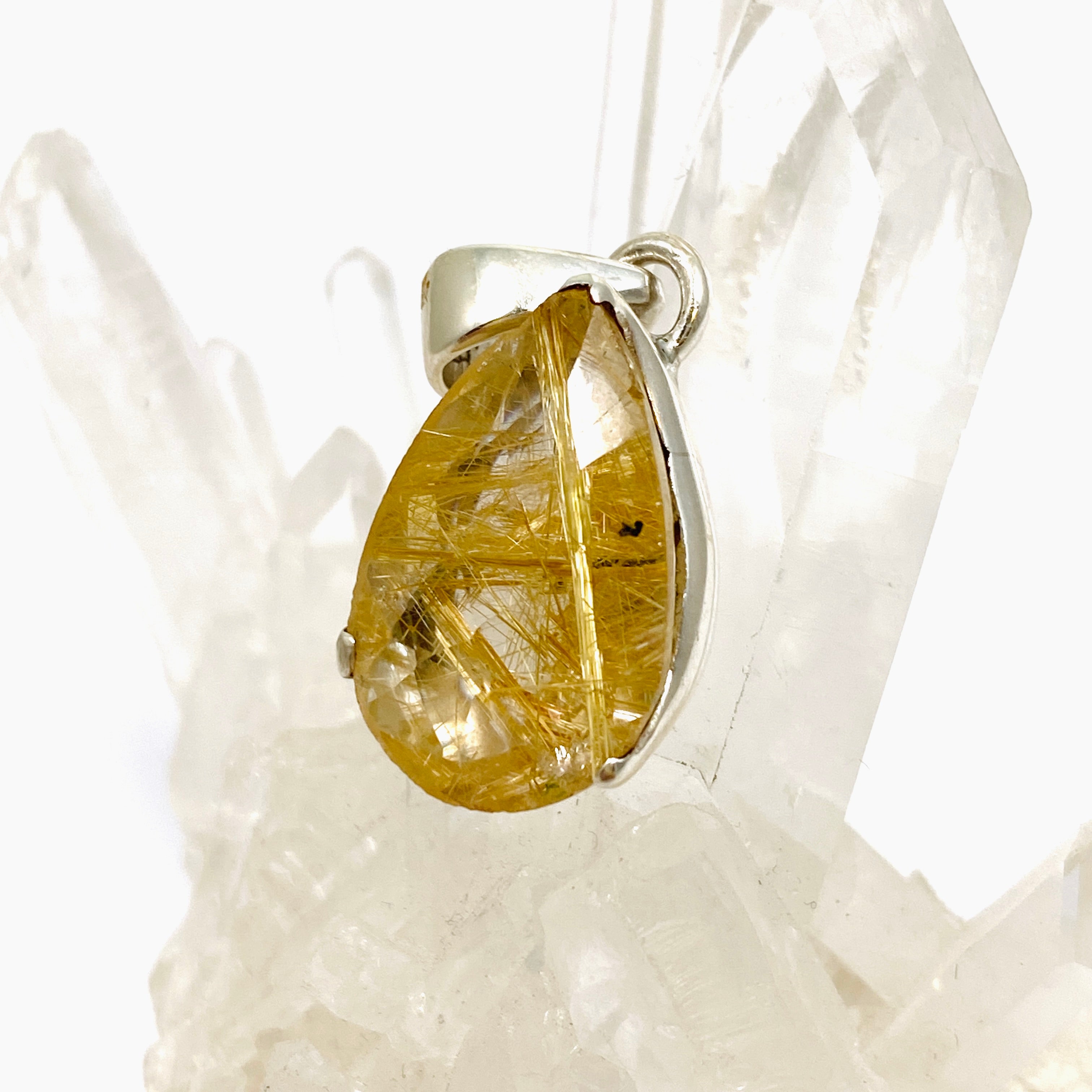 Golden Rutile Quartz Teardrop Faceted Pendant Necklace - Natural Gemstone Jewelry for Women - Perfect for Gifts, Meditation & Spiritual Healing