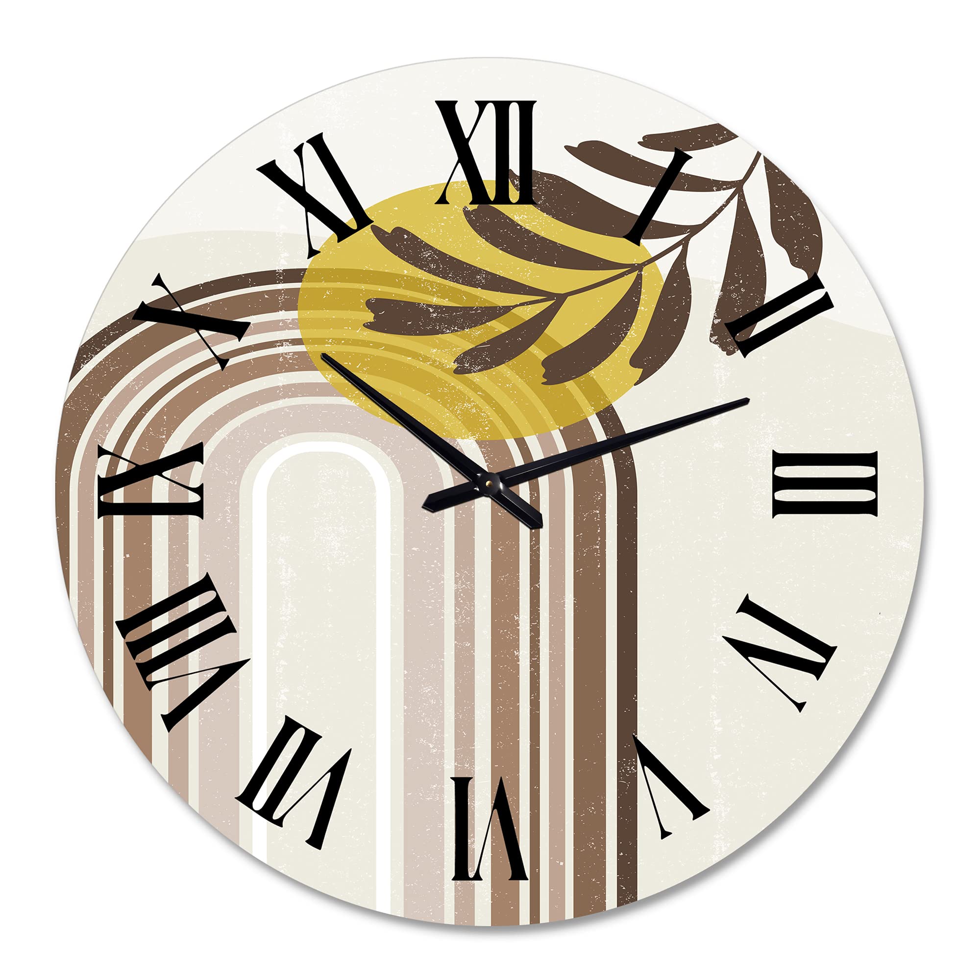 Abstract Sun and Moon Wall Clock with Leaf Design - Modern Large Earth Tone Wall Clock for Home Office Decor | Perfect for Living Room, Bedroom & Workspace