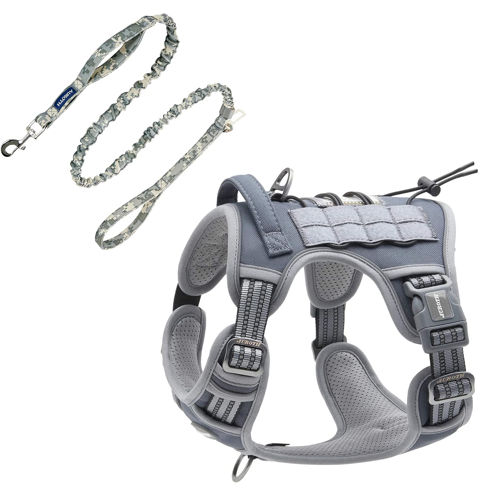Auroth Tactical Dog Harness with 6 FT Grey Camo Heavy Duty Leash - No Pull Reflective Vest for Large Breed Dogs | Outdoor Training, Hiking & Night Walks