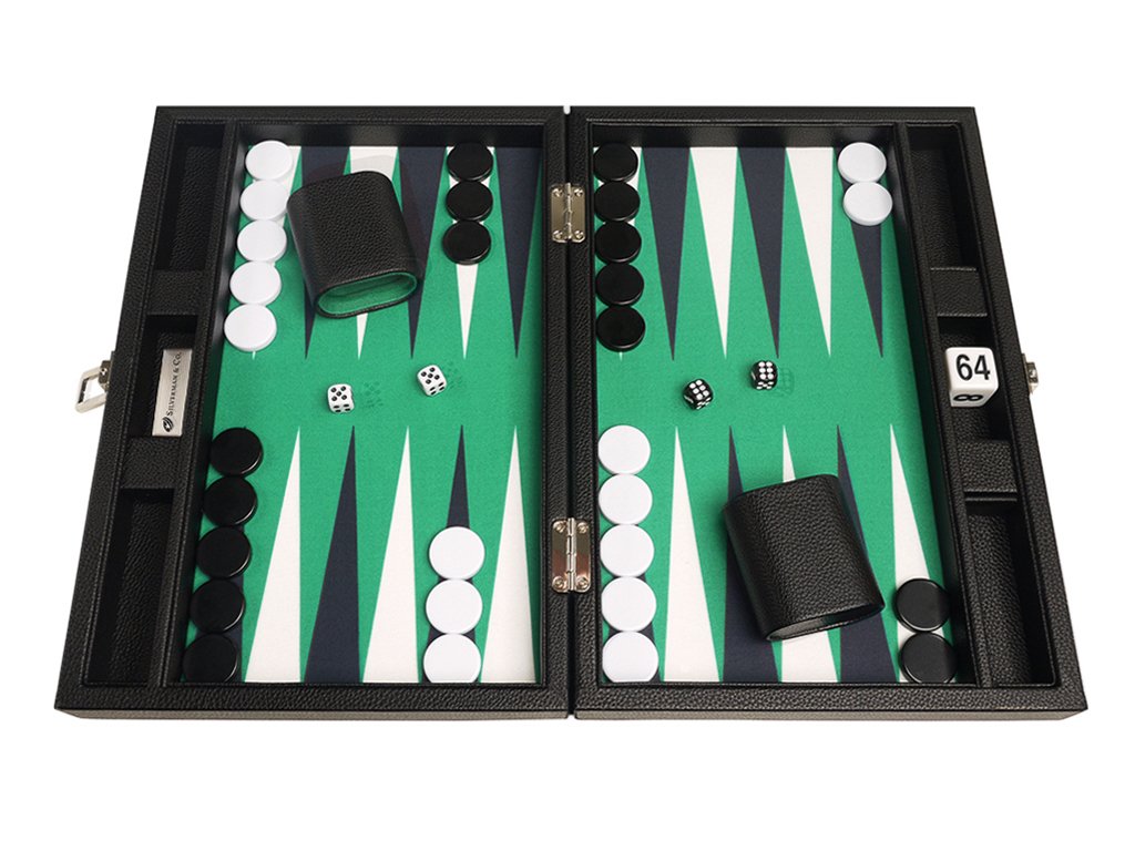 13-Inch Premium Backgammon Set - Compact Travel Size with Black Board & Green Playing Surface - Classic Black and White Points - Perfect for Travel, Parties & Family Game Nights