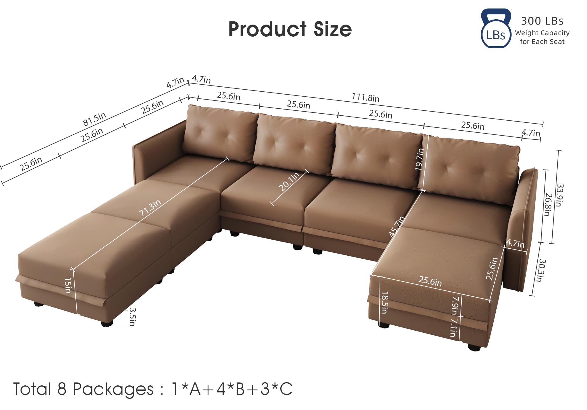 Modular Sectional Sofa 7-Seater U-Shaped Convertible Couch with Storage | Faux Leather Waterproof Living Room Sofa 111.8