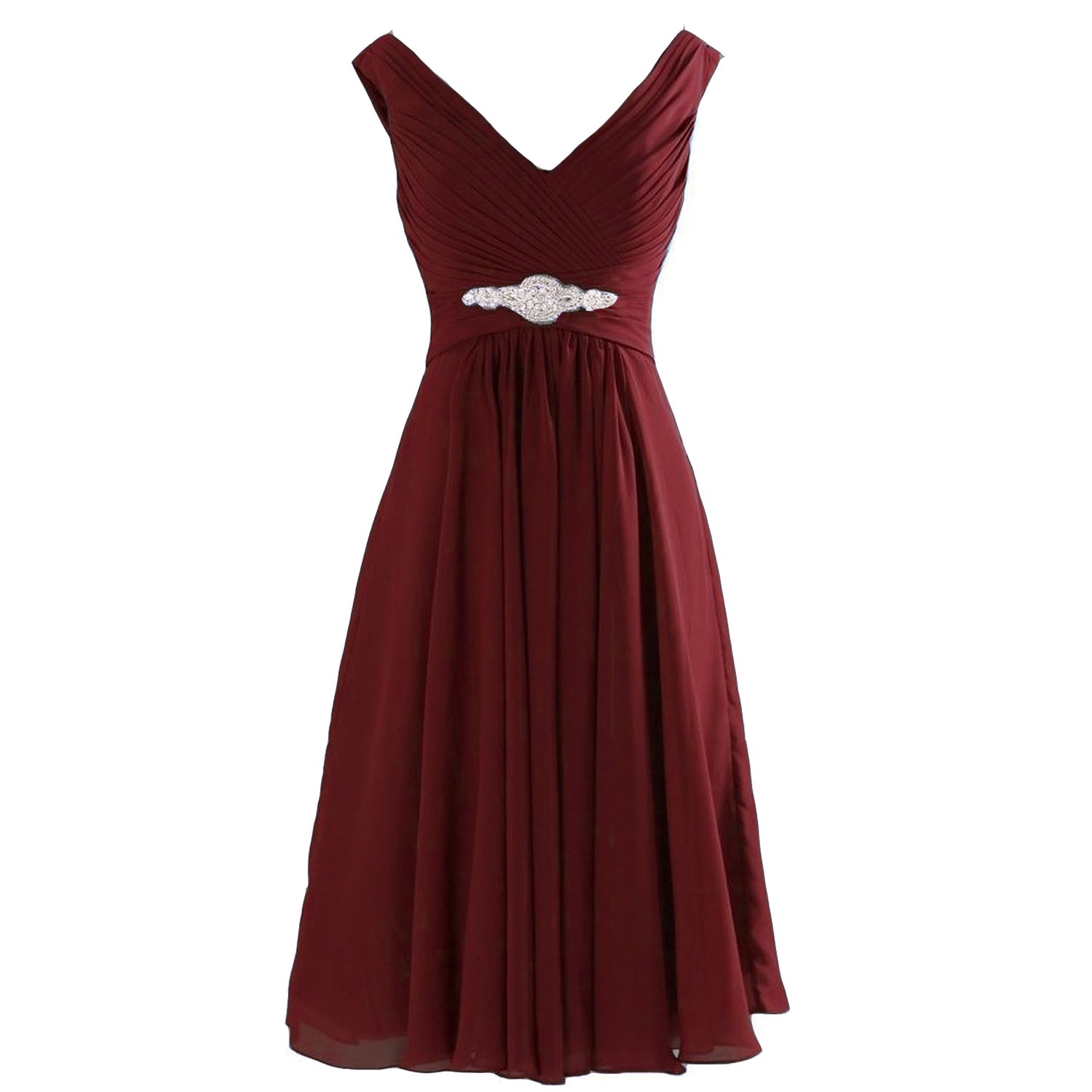 Lemai Burgundy Chiffon V-Neck A-Line Beaded Corset Prom Dress for Bridesmaids - Knee Length Formal Gown US Size 6 | Perfect for Weddings, Parties & Special Occasions