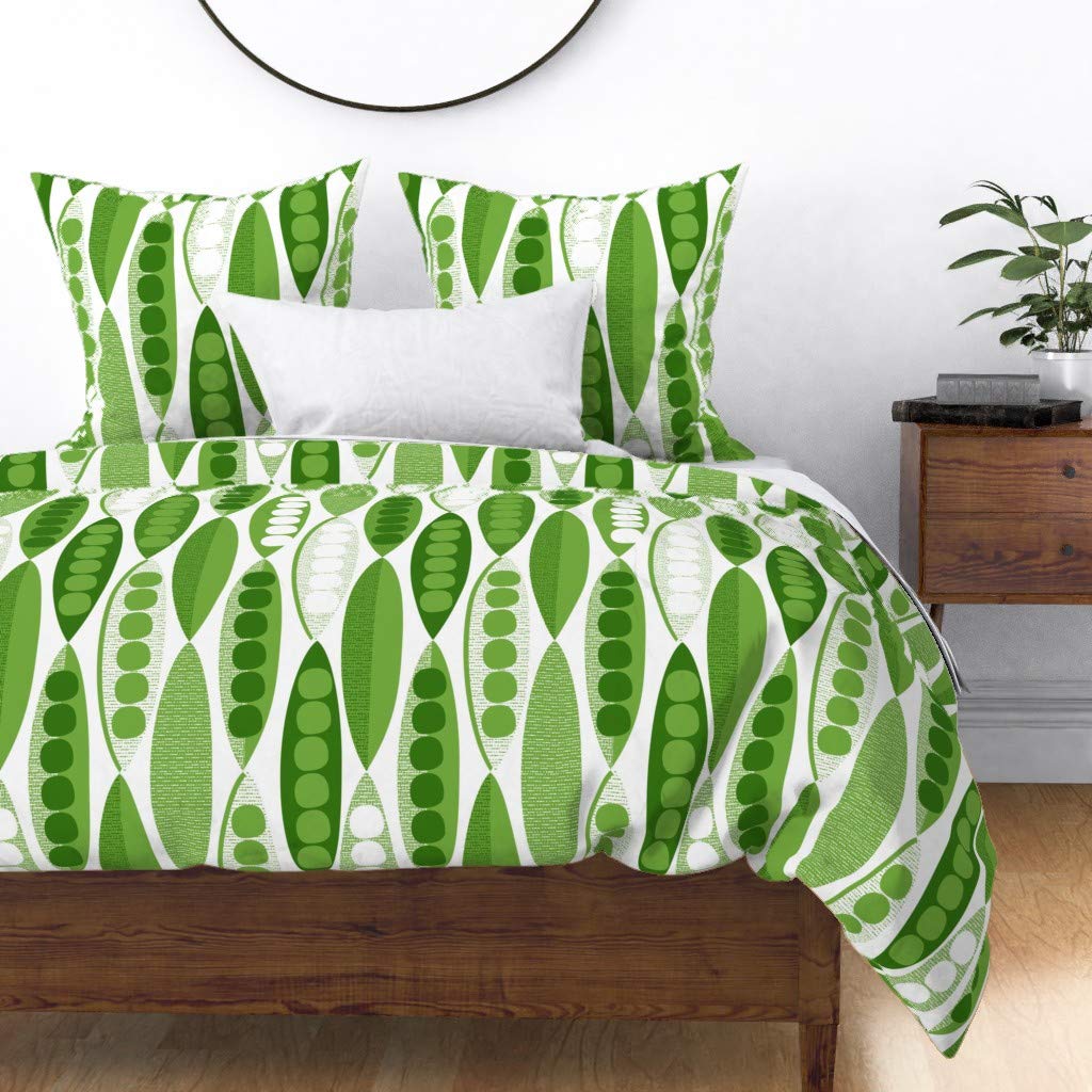 Soft Cotton Sateen Duvet Cover Full/Queen Size - Modern Mid-Century Green Vegetable Print Bedding Set | Eco-Friendly Home Decor for Master Bedroom & Guest Room