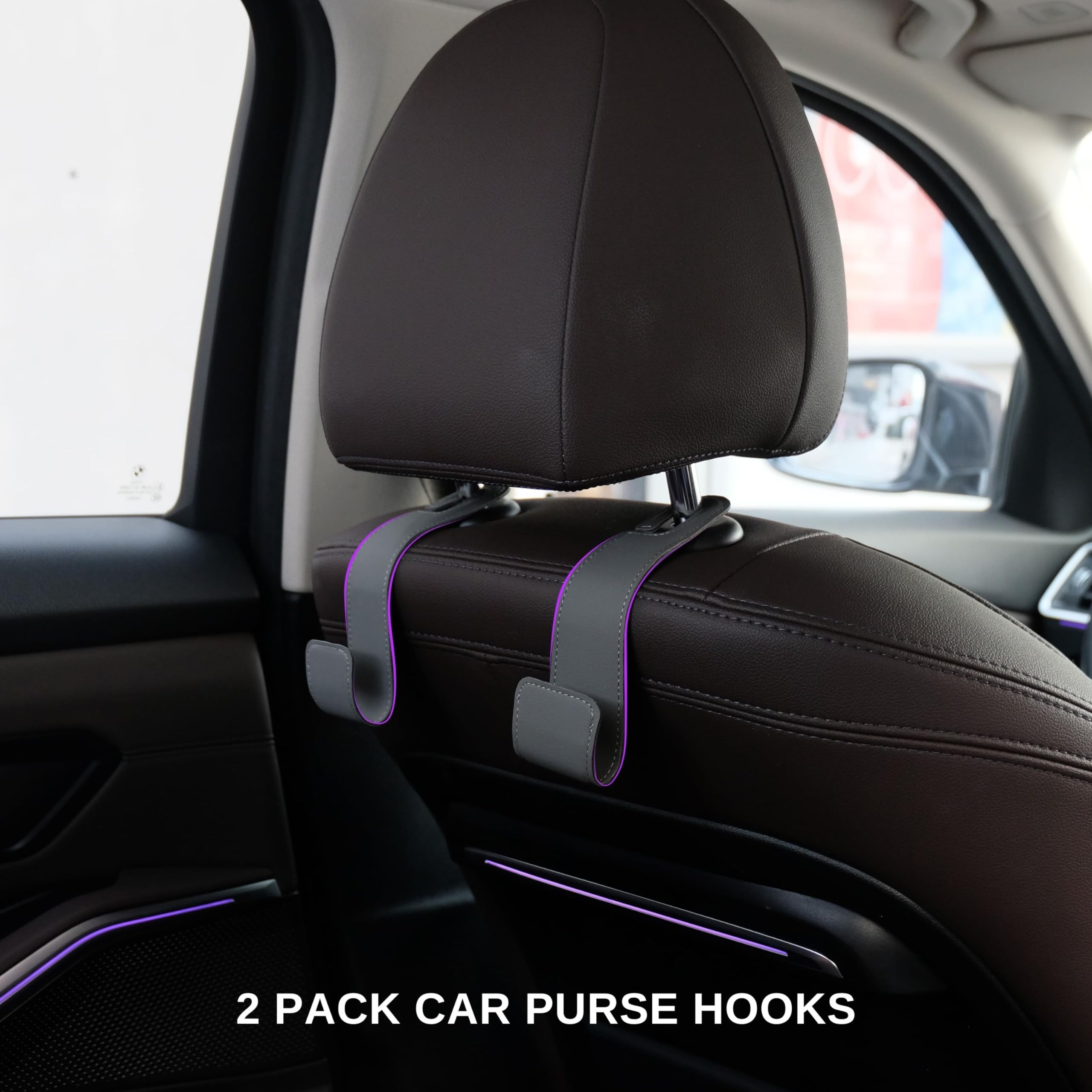 Upgraded 2-Pack Car Seat Hooks - Leather Purse Holder for Car Back Seat, Car Organization Accessories for Hanging Bags & Purses (Beige) - Perfect for Shopping, Commuting & Road Trips