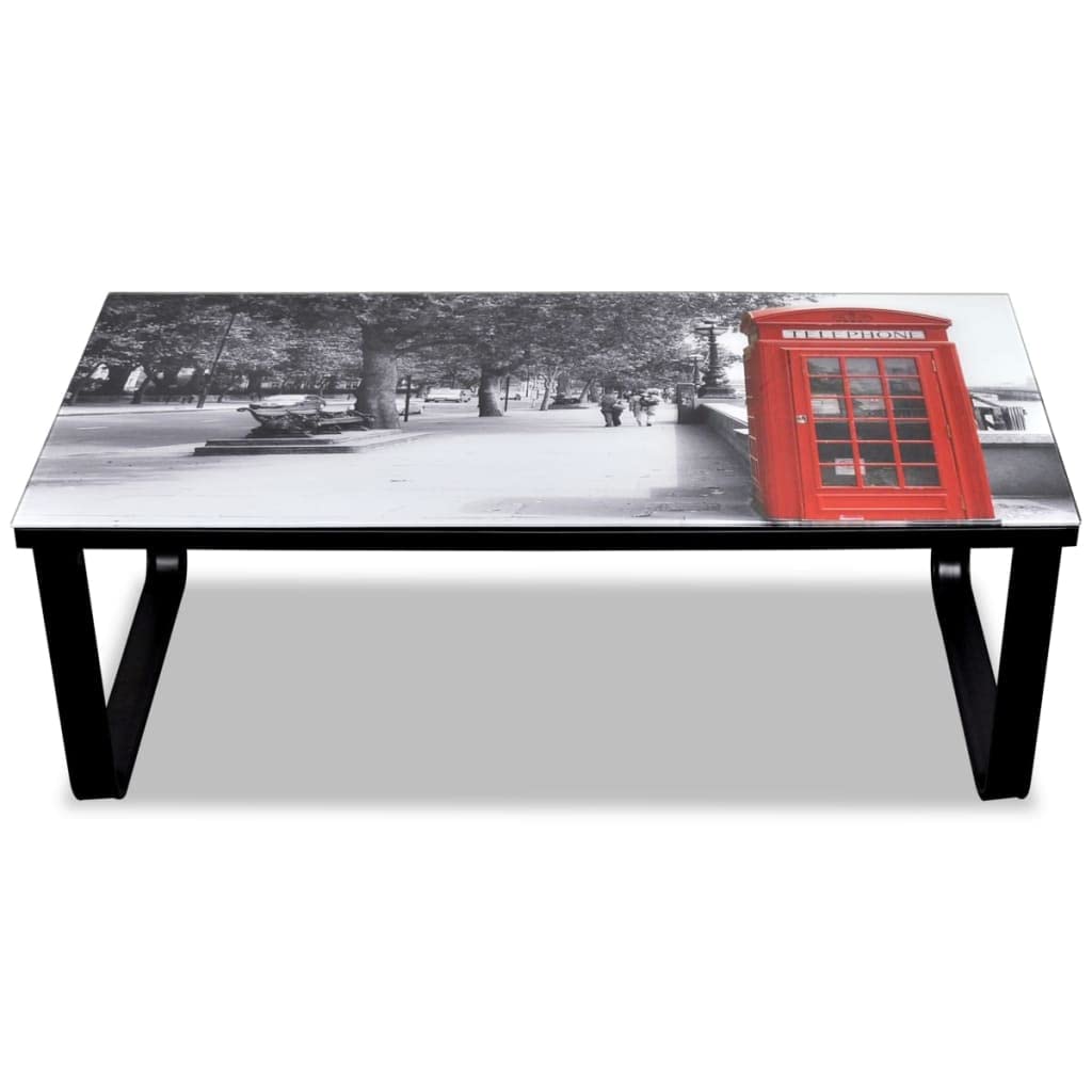 Modern Coffee Table with Glass Top & Telephone Booth Print - Stylish Side Table for Living Room, Bedroom & Office Decor - Perfect for Sofa, Lounge & Workspace Settings