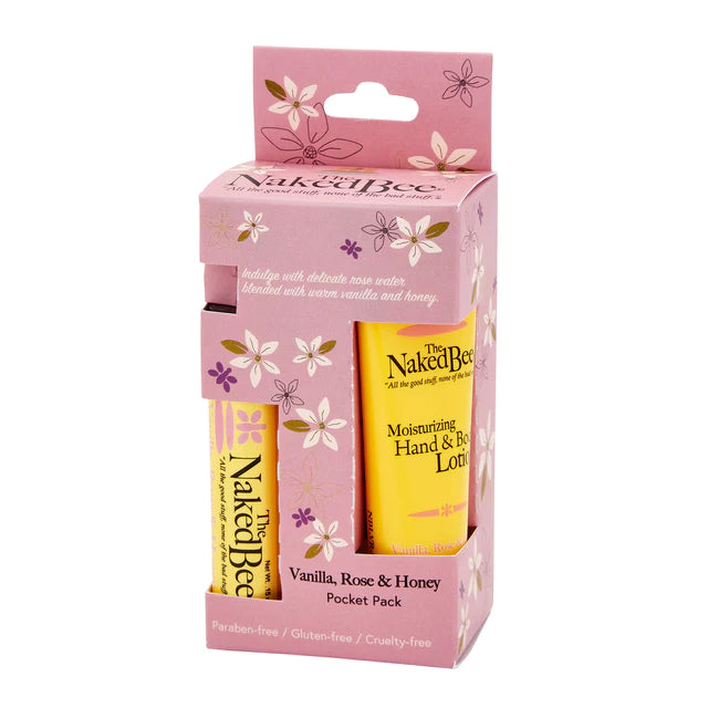 The Naked Bee Vanilla Rose Honey Pocket Pack Gift Set - Natural Hand Cream & Lip Balm Trio for Dry Skin Care - Perfect for Travel, Office & Daily Hydration
