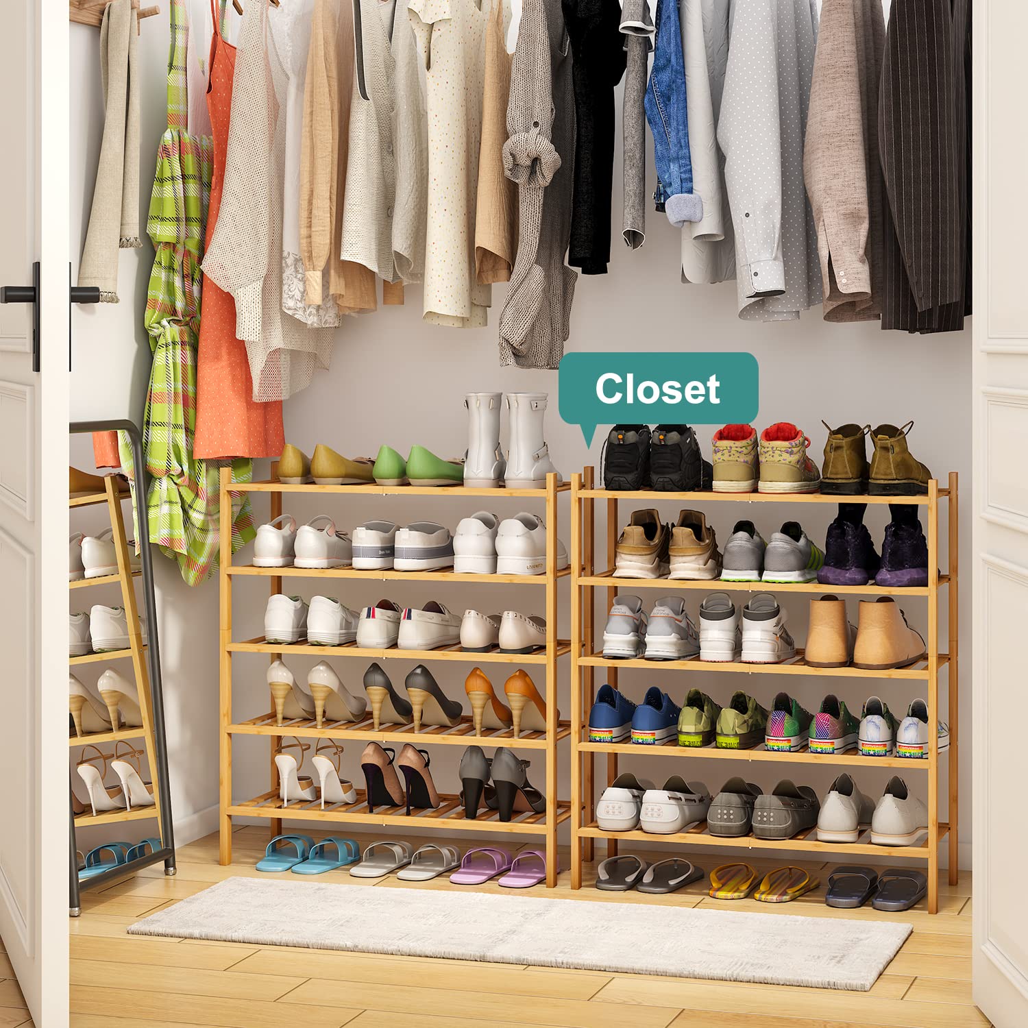 5-Tier Bamboo Shoe Rack - Stackable & Foldable Shoe Organizer for Entryway, Hallway, Closet - Natural Wood Shoe Storage Shelf for Indoor & Outdoor Use - Perfect for Small Spaces, Apartments, Dorm Rooms