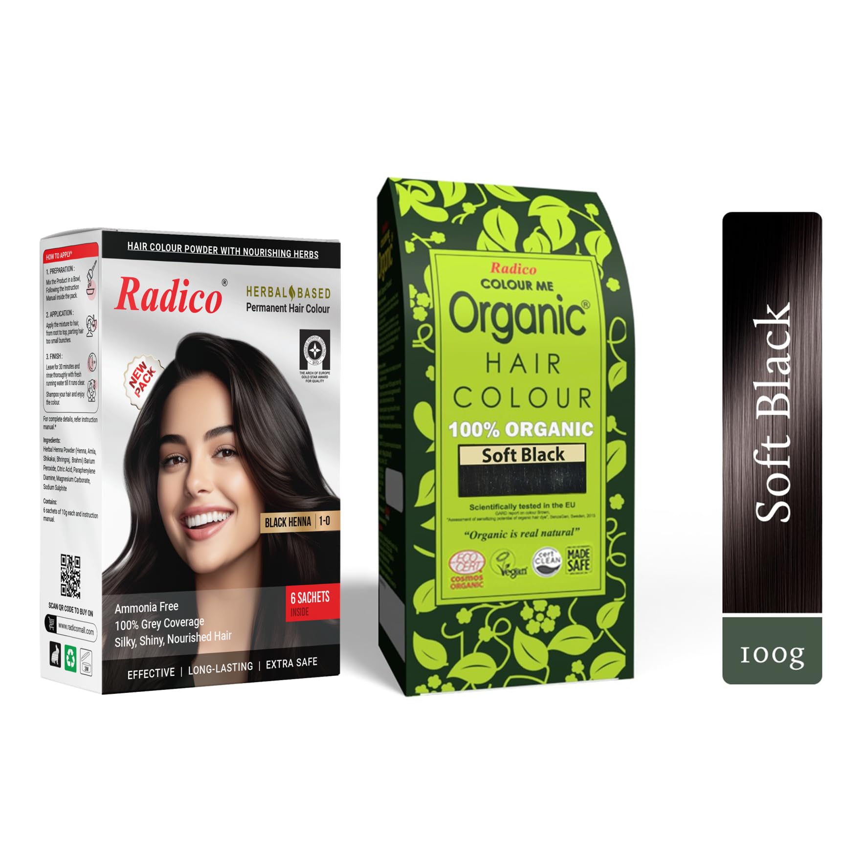 Radico Soft Black Hair Color - Natural & Gentle Permanent Hair Dye for Women & Men | Perfect for Covering Gray Hair at Home