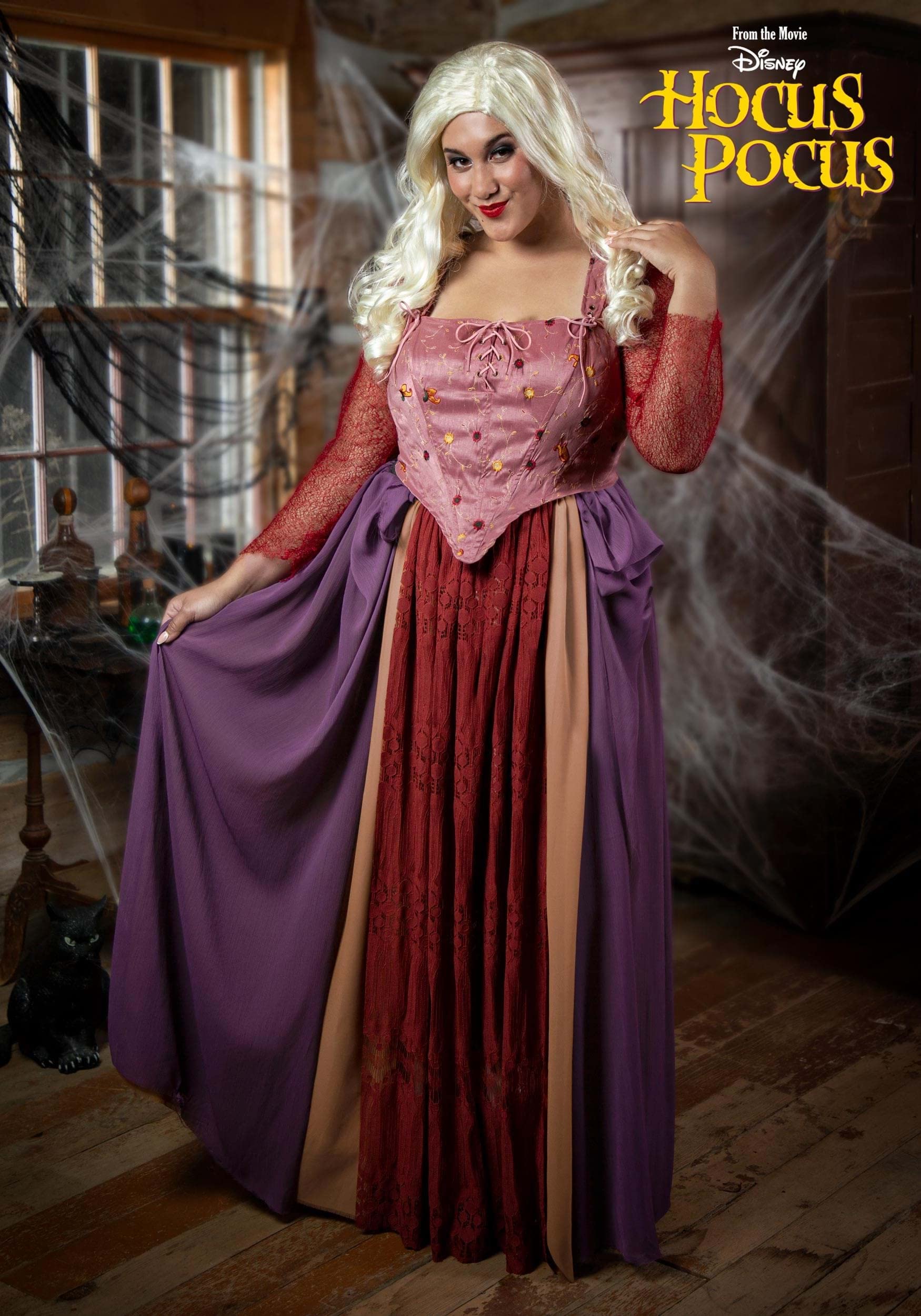 Authentic Disney Hocus Pocus Plus Size Sarah Sanderson Costume for Women - Corset with Sleeves, Skirt & Blonde Wig | Halloween Cosplay, Themed Parties & Disney Events