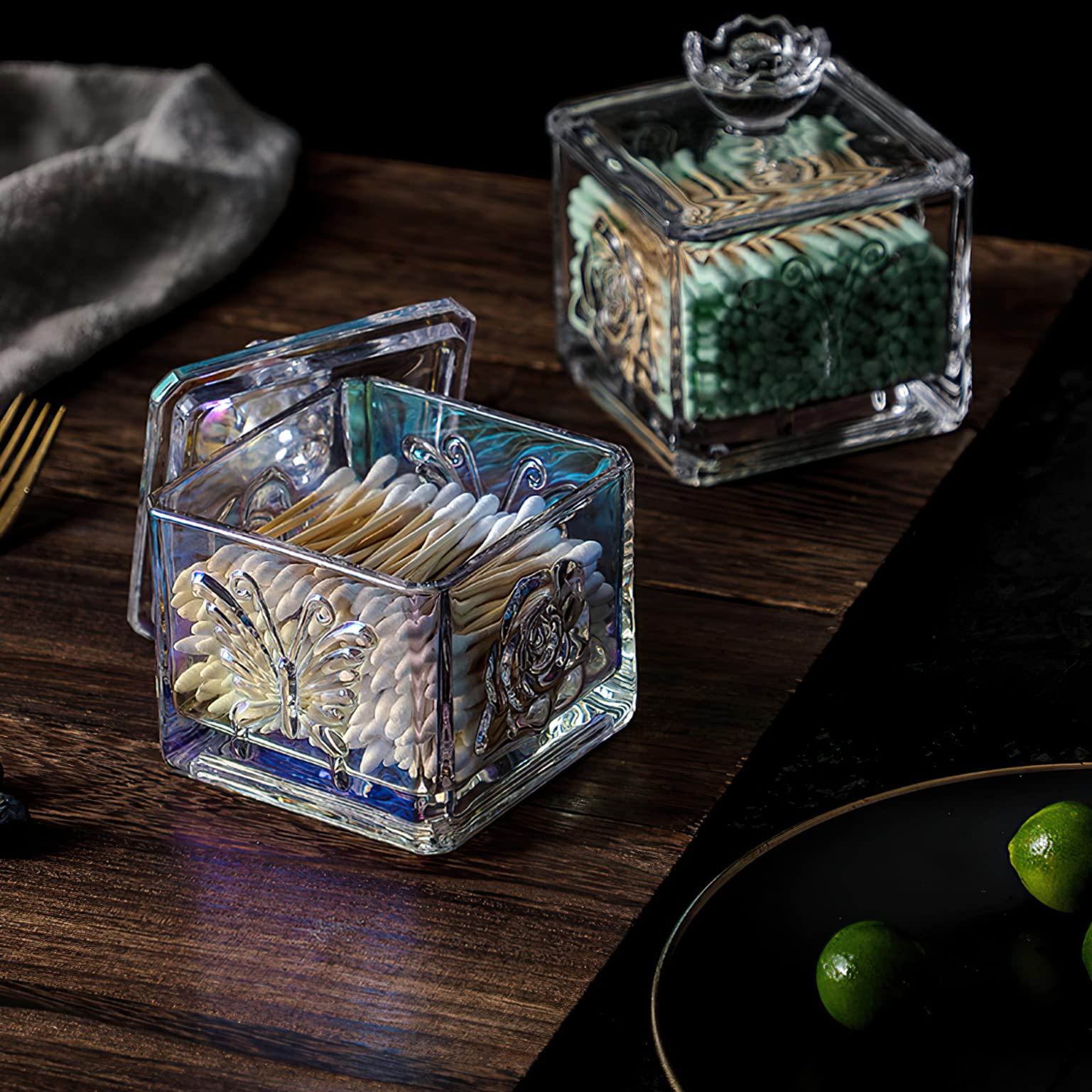 Iridescent Glass Candy Dish with Lid - 14oz Clear Embossed Candy Jar for Office & Home Decor - Elegant Candy Bowl for Parties, Weddings & Gifts (Irised Glass)