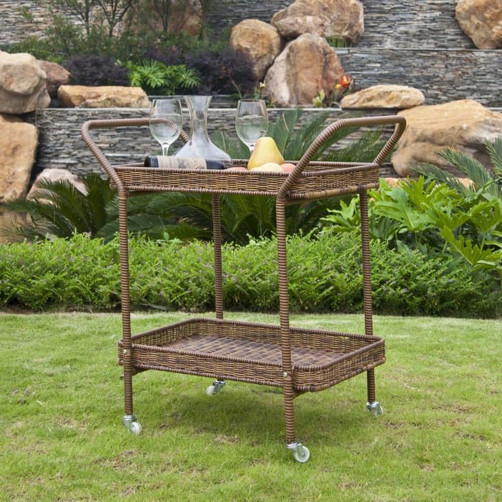 Premium Jeco Outdoor Resin Wicker Serving Cart - Portable Bar Cart with Wheels for Patio, Garden, Poolside & Outdoor Entertaining