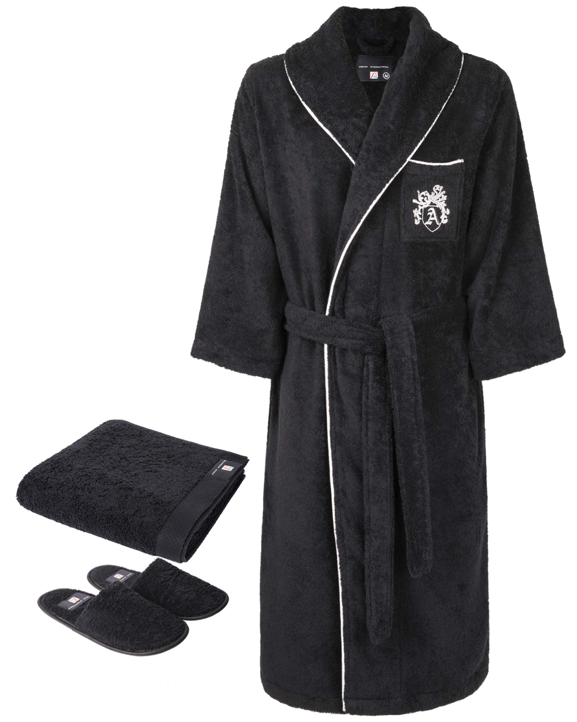 Premium Black-Silver Embroidered Bathrobe Set with Matching Slippers & Hand Towel | Medium Size | Spa & Home Relaxation Gift Set