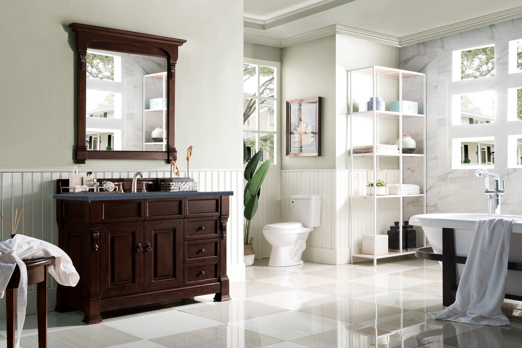 Brookfield 48 Inch Single Bathroom Vanity with Burnished Mahogany Base & 3CM Charcoal Soapstone Quartz Countertop - Perfect for Modern Master Bath or Powder Room Renovation