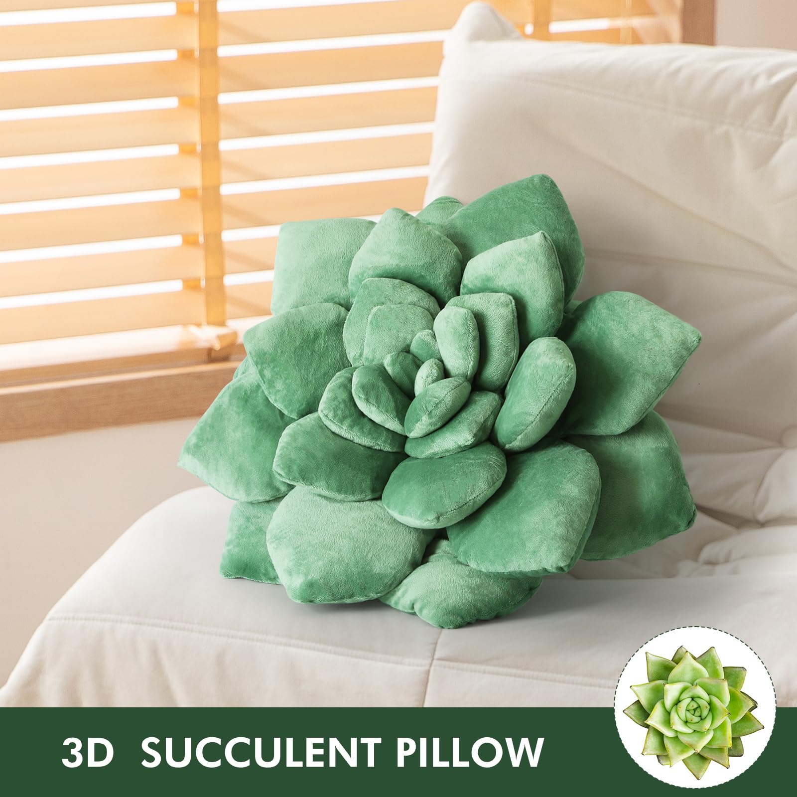 3D Succulent Shaped Pillow - 13.8'' Soft Plush Flower Cushion for Bedroom Decor, Home & Office - Unique Green Plant-Shaped Throw Pillow for Sofa, Chair, Dorm Room - Perfect Gift for Plant Lovers