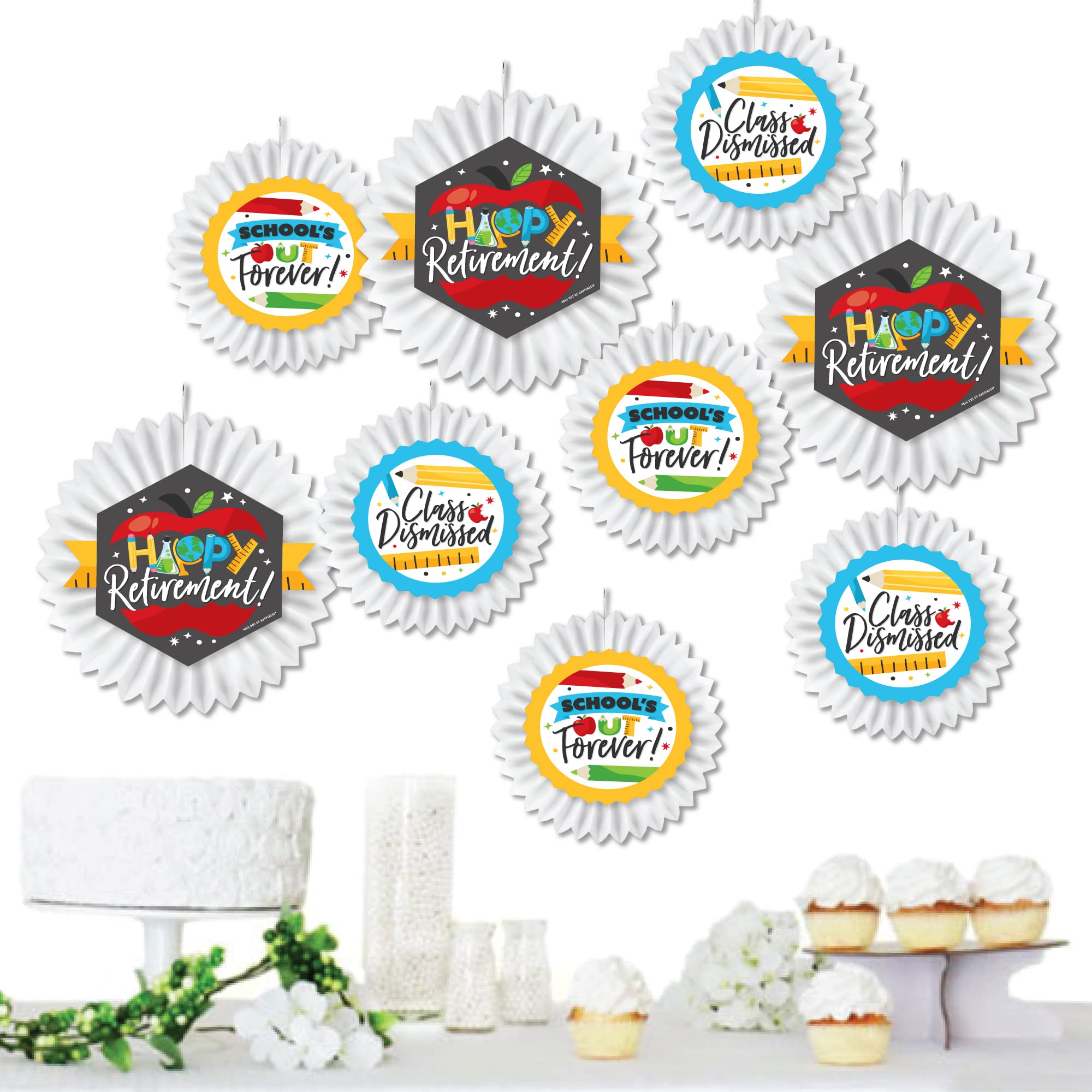 Happy Retirement Party Decorations - Set of 9 Hanging Tissue Paper Fans & Decor Kit for Teacher Retirement Celebrations - Perfect for Classroom, Office & Home Retirement Parties