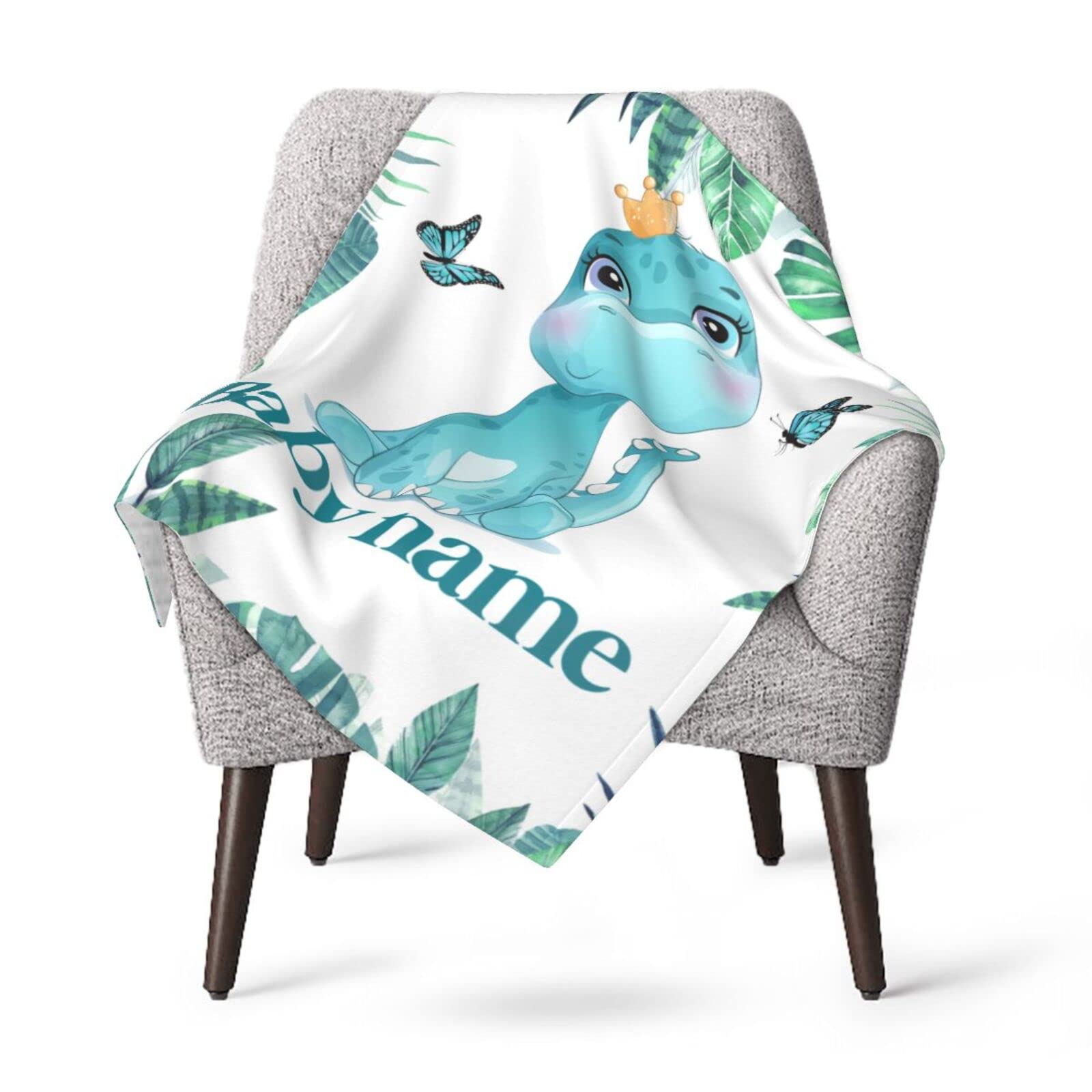 Personalized Baby Dinosaur Floral Blanket - Custom Name Receiving Swaddle Blanket for Boys | Soft Nursery Blanket for Newborn Gifts, Baby Showers & Security Comfort