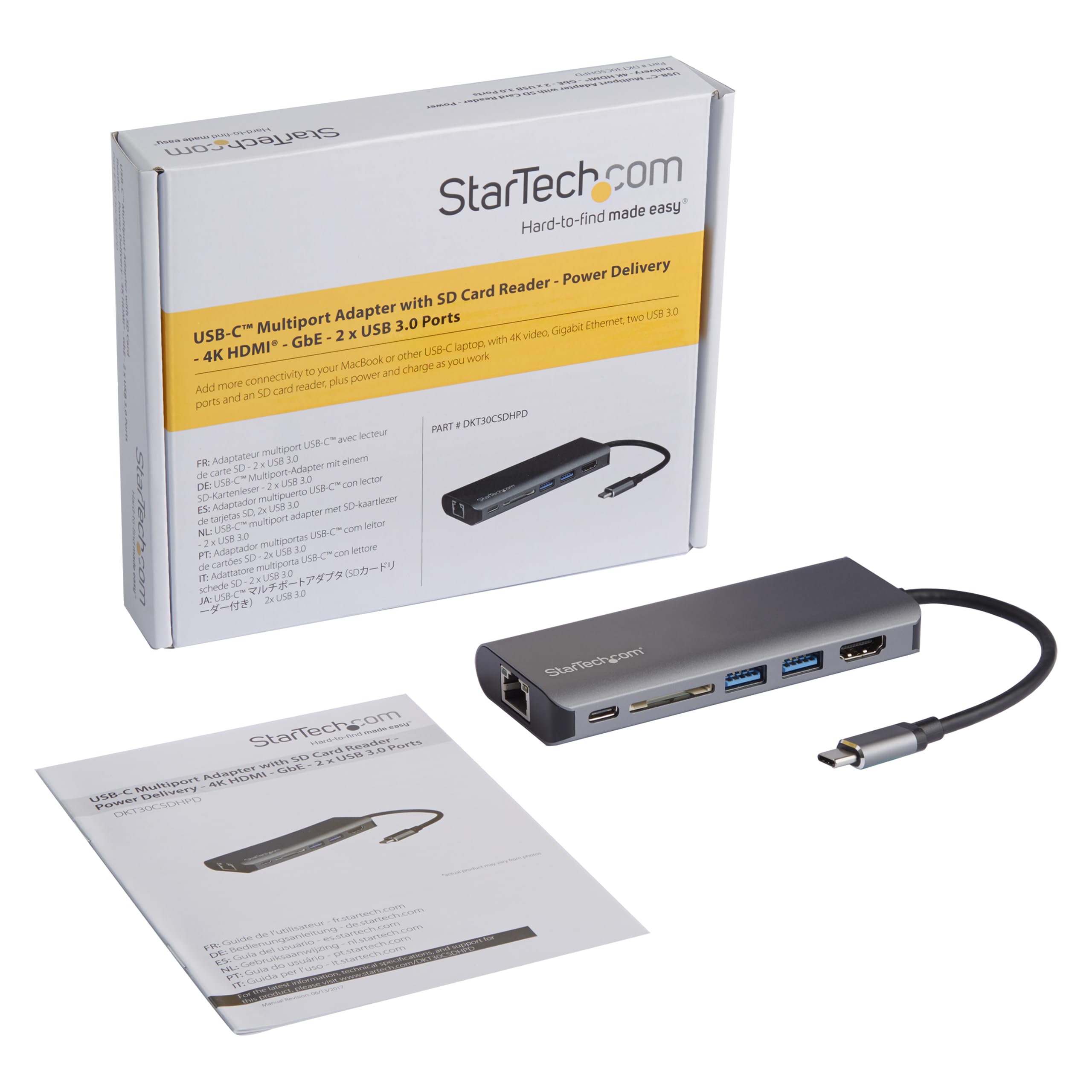 StarTech.com USB C Hub with 4K HDMI, 2 USB 3.0 Ports, SD Card Reader, Gigabit Ethernet & 60W PD - Thunderbolt 3 Compatible Multiport Adapter for MacBook Pro/Air, Dell XPS, Surface Laptop - Home Office & Travel Docking Station