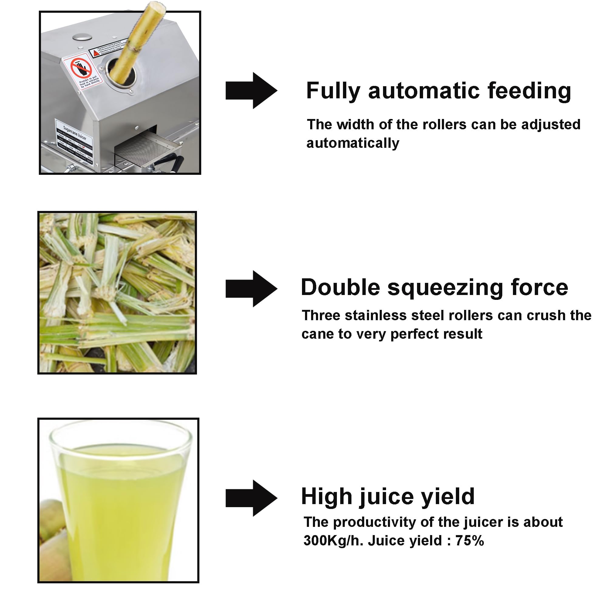 Electric Sugar Cane Juicer Machine - 300Kg/H Commercial Vertical Sugarcane Press with 3 Stainless Steel Rollers & 2 Knives - 110V for Fresh Juice Bars, Restaurants, and Home Use