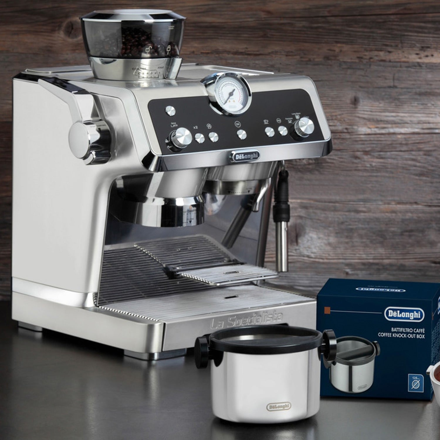 DeLonghi Large Stainless Steel Knock Box for Espresso Grounds - Perfect for Coffee Shops & Home Baristas