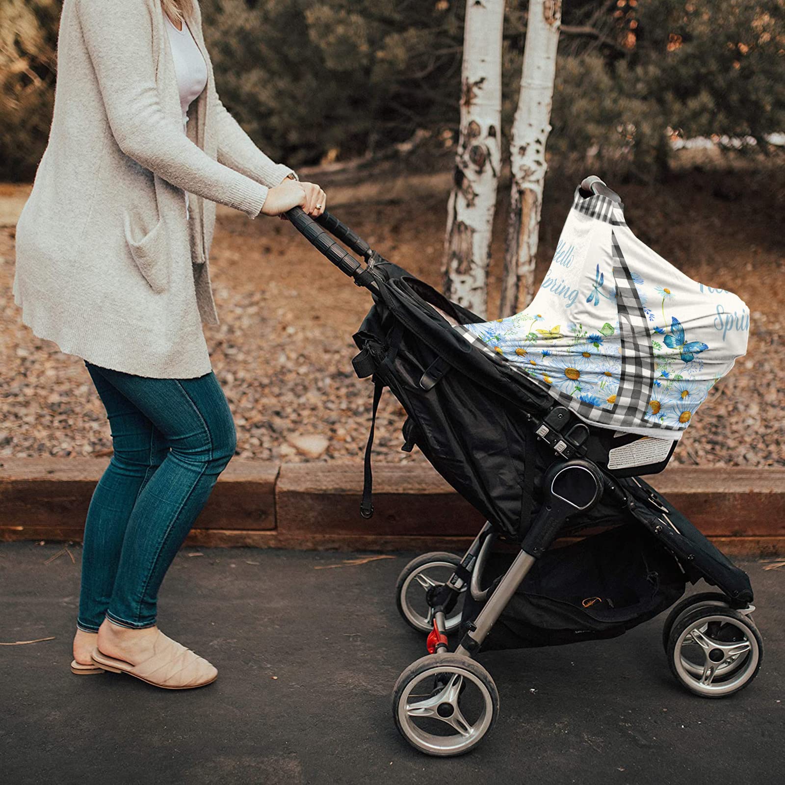 Breastfeeding Cover Scarf for Baby - Soft Stretchy Nursing Poncho with Farmhouse Daisy Floral Plaid & Buffalo Check Patterns - Multi-Use as Car Seat Cover, Stroller Cover & Privacy Nursing Blanket (Black/White) - Perfect for Nursing Moms On-The-Go, Shopping & Outdoor Activities