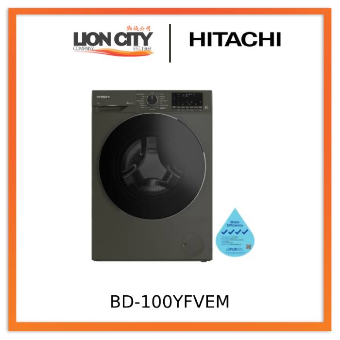 Hitachi BD 100YFVEM Front Load Washer with Steam & Hygiene Easy Iron Inverter - Perfect for Laundry Rooms, Apartments & Energy-Efficient Homes