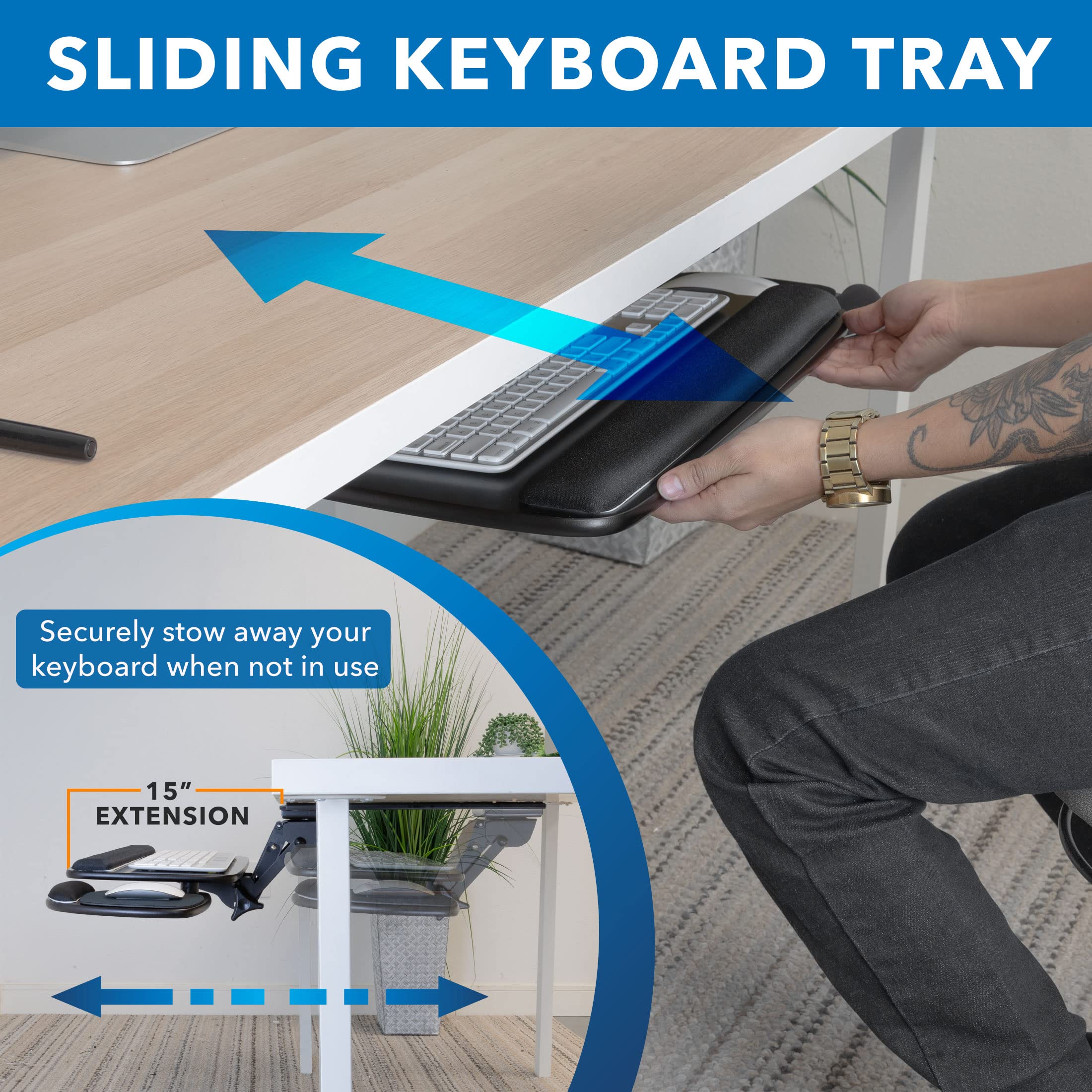 Mount-It! Adjustable Under Desk Keyboard Tray with Ergonomic Wrist Rest - 17.25