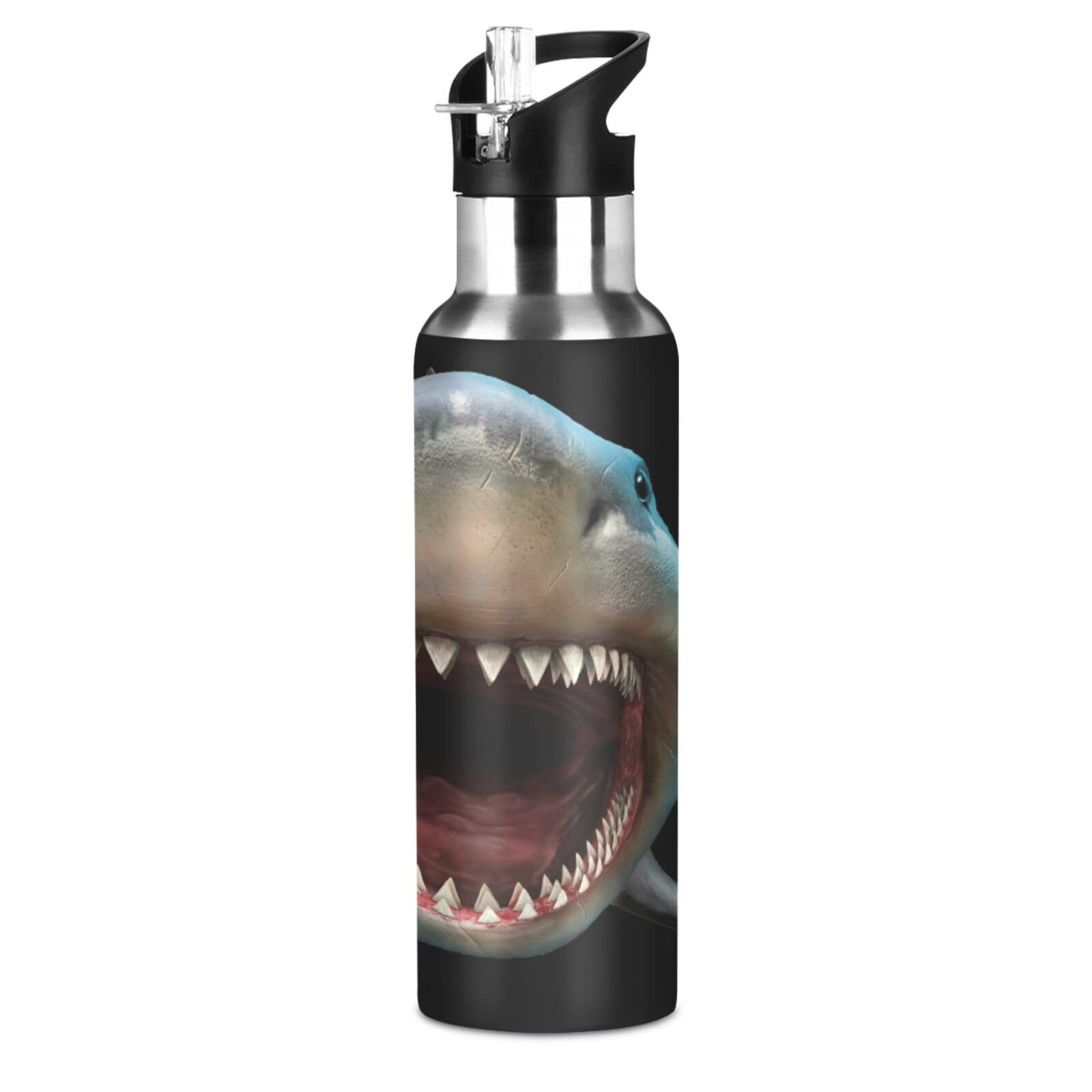 Oarencol Great White Shark Water Bottle - 20oz Stainless Steel Vacuum Insulated Tumbler with Straw Lid - Perfect for School, Gym & Outdoor Adventures
