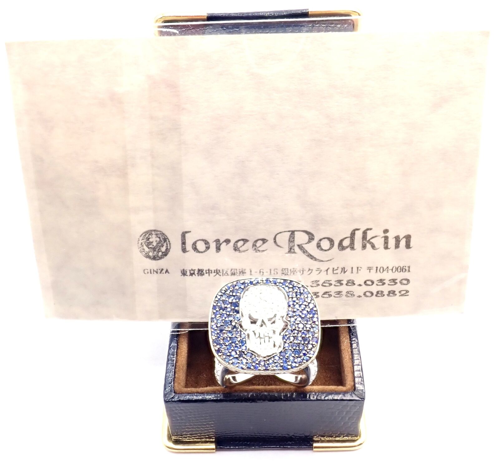 Authentic Loree Rodkin 18K White Gold Diamond Sapphire Skull Ring with Gift Box - Gothic Jewelry for Women, Perfect for Halloween, Punk Fashion & Unique Gift Giving
